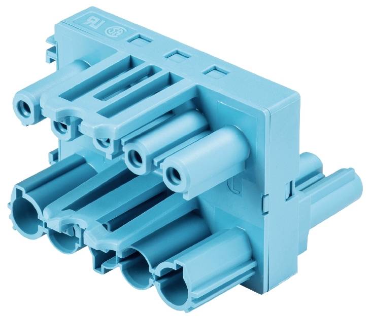 En lyseblå, modulær stikforbinder med flere stik, som bruges til industrielle elektriske anvendelser.