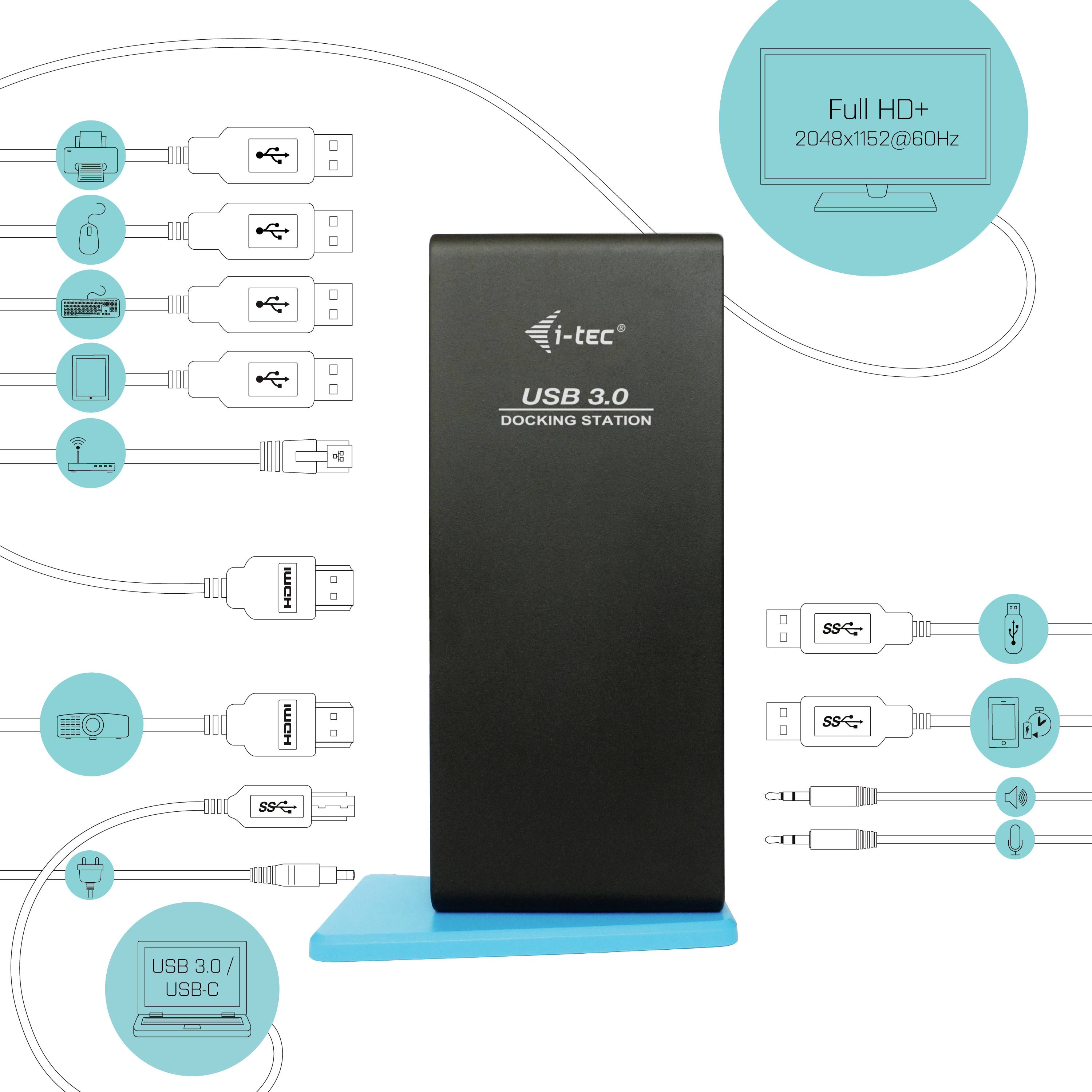 USB 3.0 Dockingstation fra i-tec, sort vertikal boks. Viser tilslutningsmuligheder: HDMI, USB, Audio, Ethernet og strømstik.