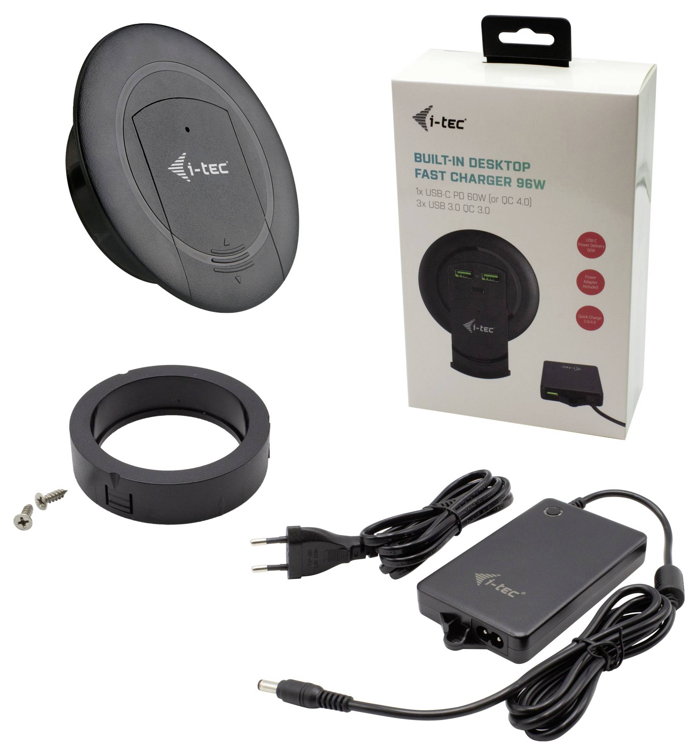 Trådløs desktop hurtigoplader med emballage og tilbehør. Indeholder oplader, kabel, holder og skruer.