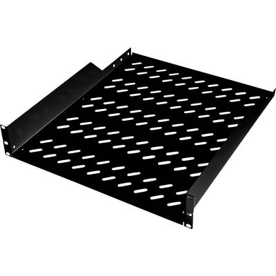 Metallhylde med ventilationshuller og sidemonteringsbeslag, egnet til installation i et serverrack.