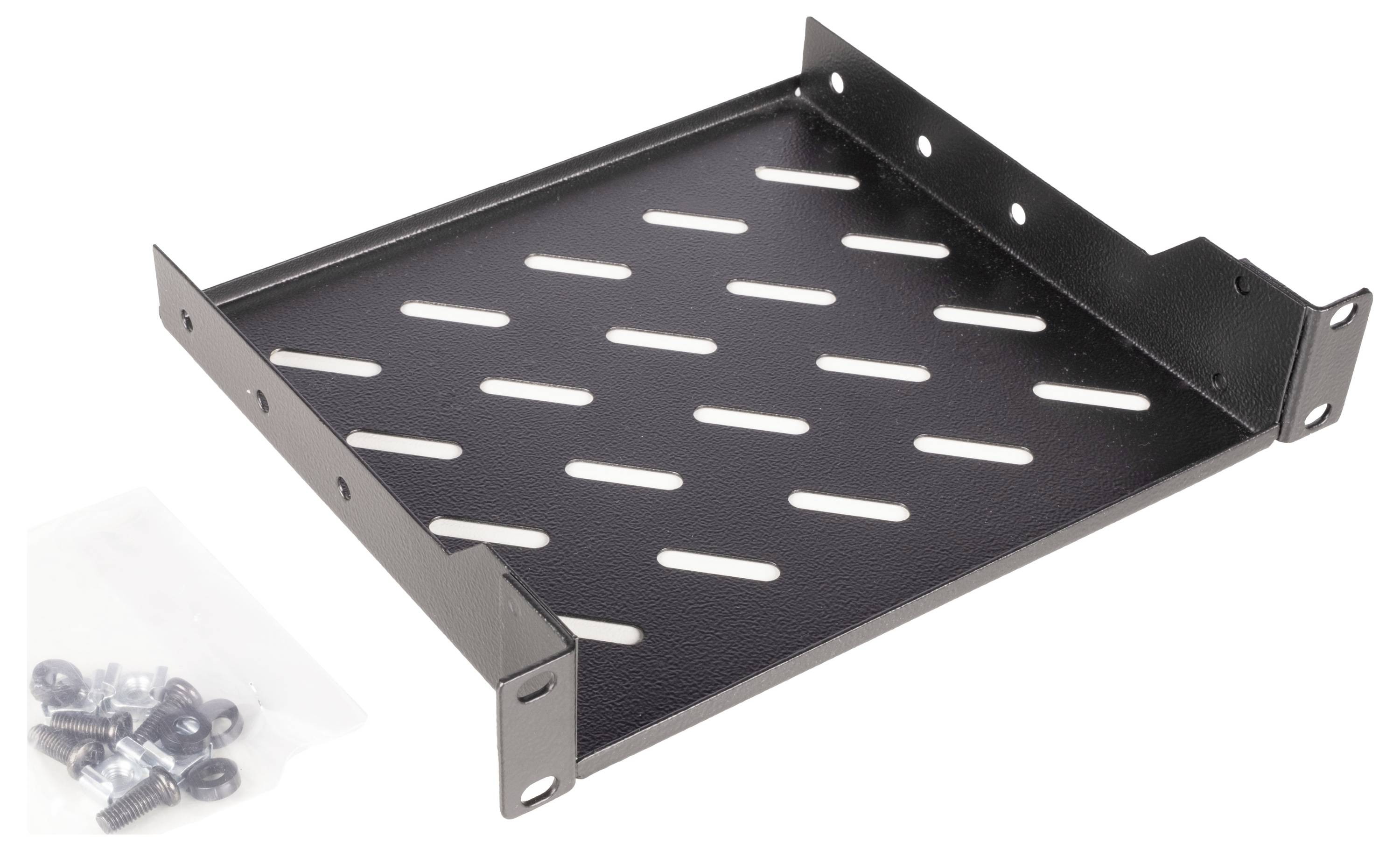 Metallisk monteringsplade med ventilationshuller, ved siden af en pose med skruer. Egnet til montering i elskabe.