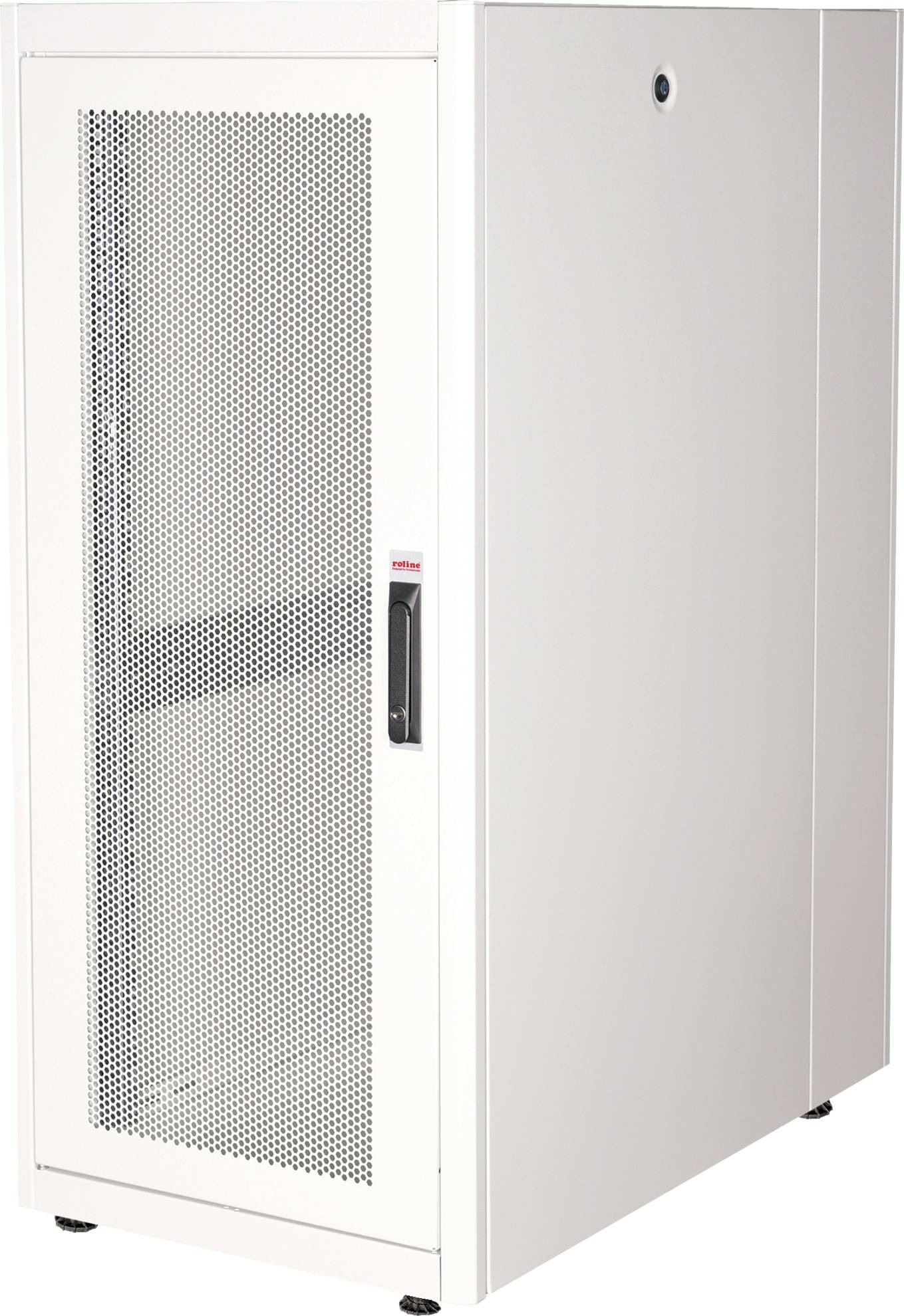 Et hvidt serverrack med en perforeret dør og et håndtag, egnet til opbevaring af IT- og netværksudstyr.