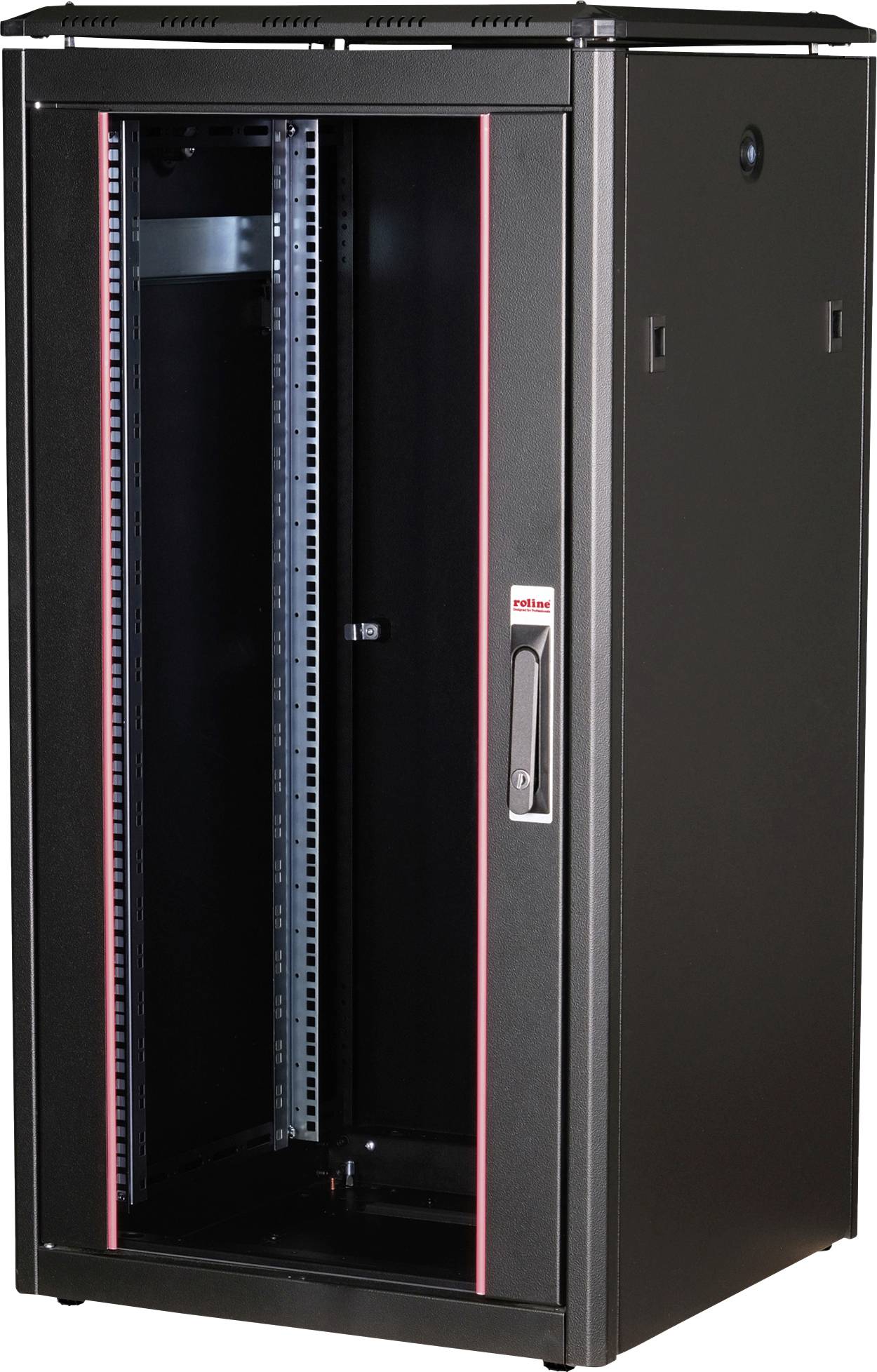 Sort serverrack med glasdør, område til serverhardware, rød dekorativ kant på døren, egnet til opbevaring af IT-udstyr.