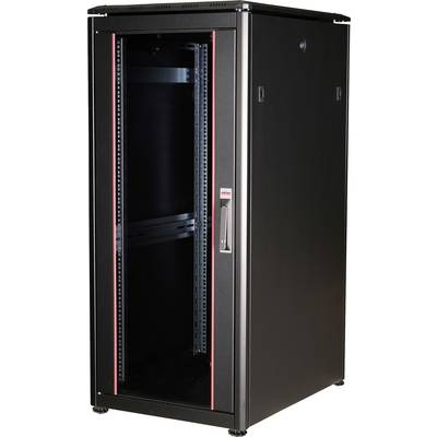 Et sort serverrack med glasdør, åbent indre og rødt markerede hjørner, står på hjul, klar til brug i et serverrum.