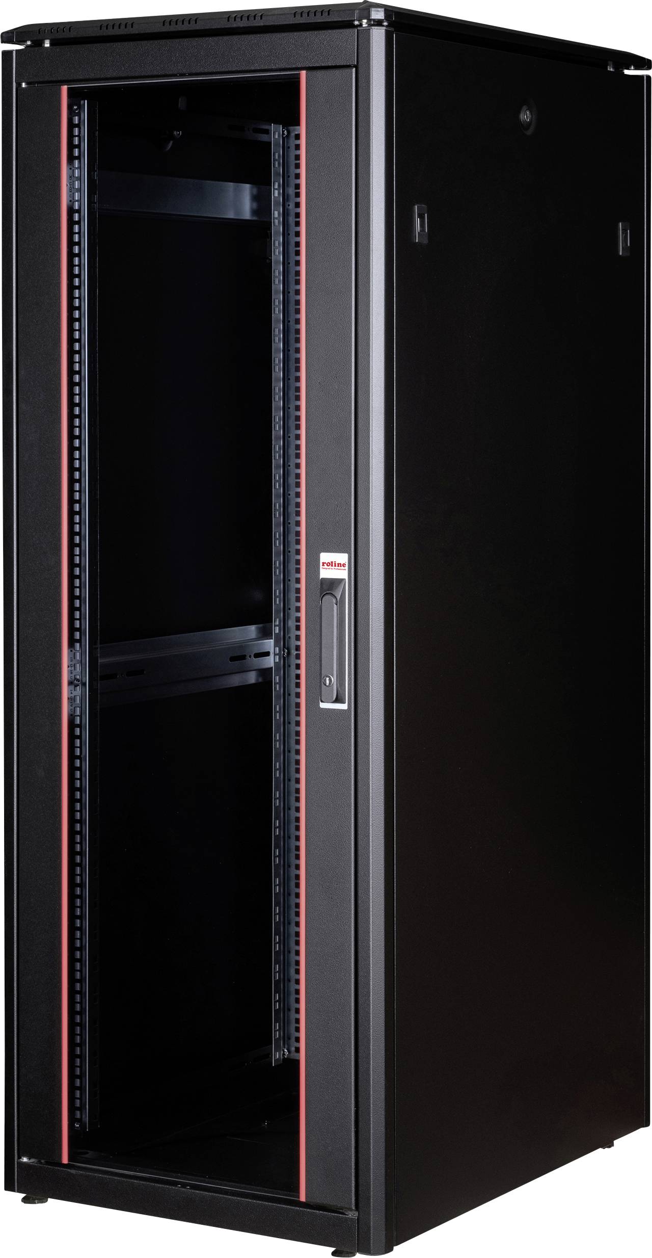 Sort serverrack-skab med rød stribe, åben dør, plads til IT-udstyr, typisk udstyr til datacentre.