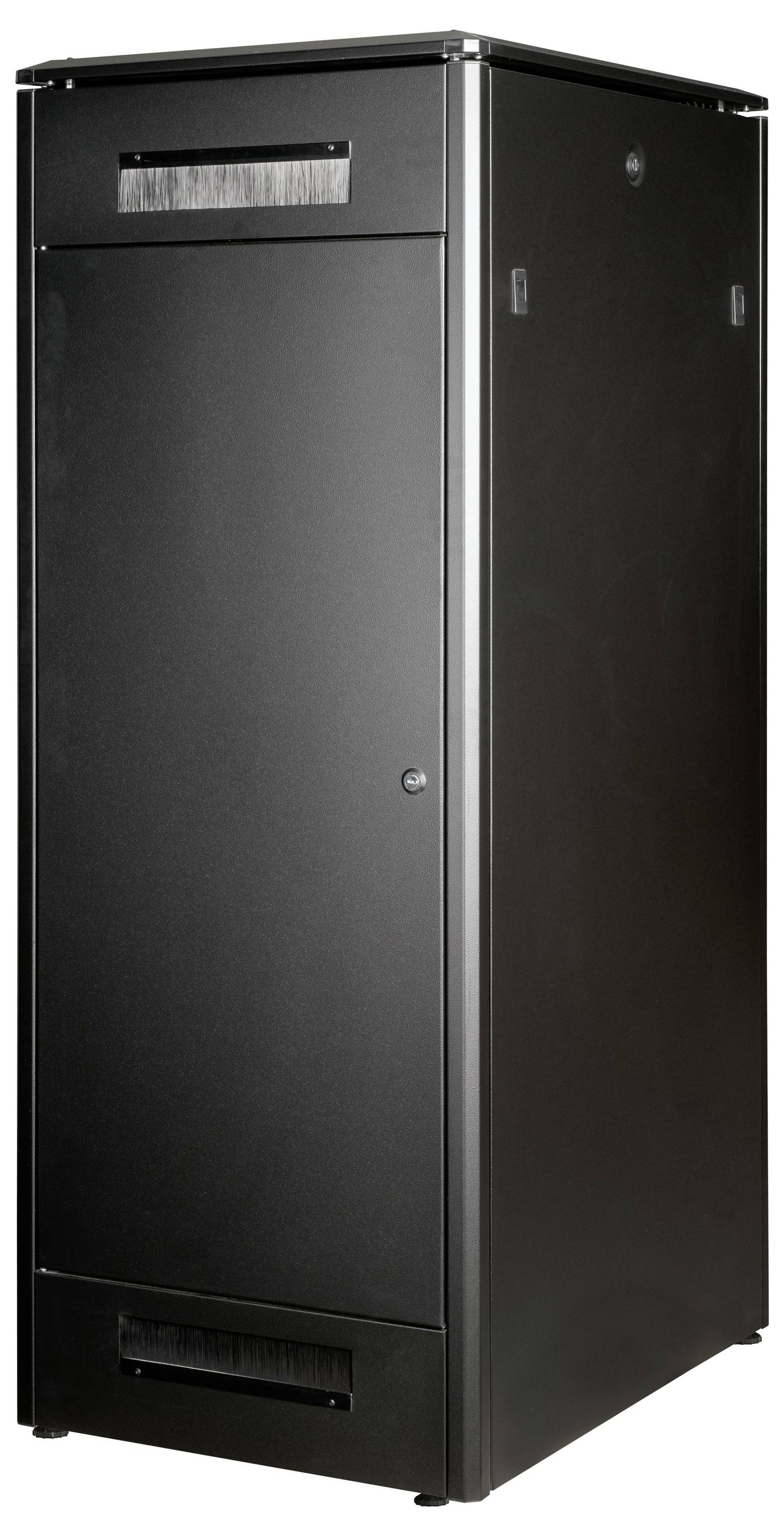 Et sort serverrack-skab med en låst dør, velegnet til opbevaring og organisering af netværkshardware i et datacenter.