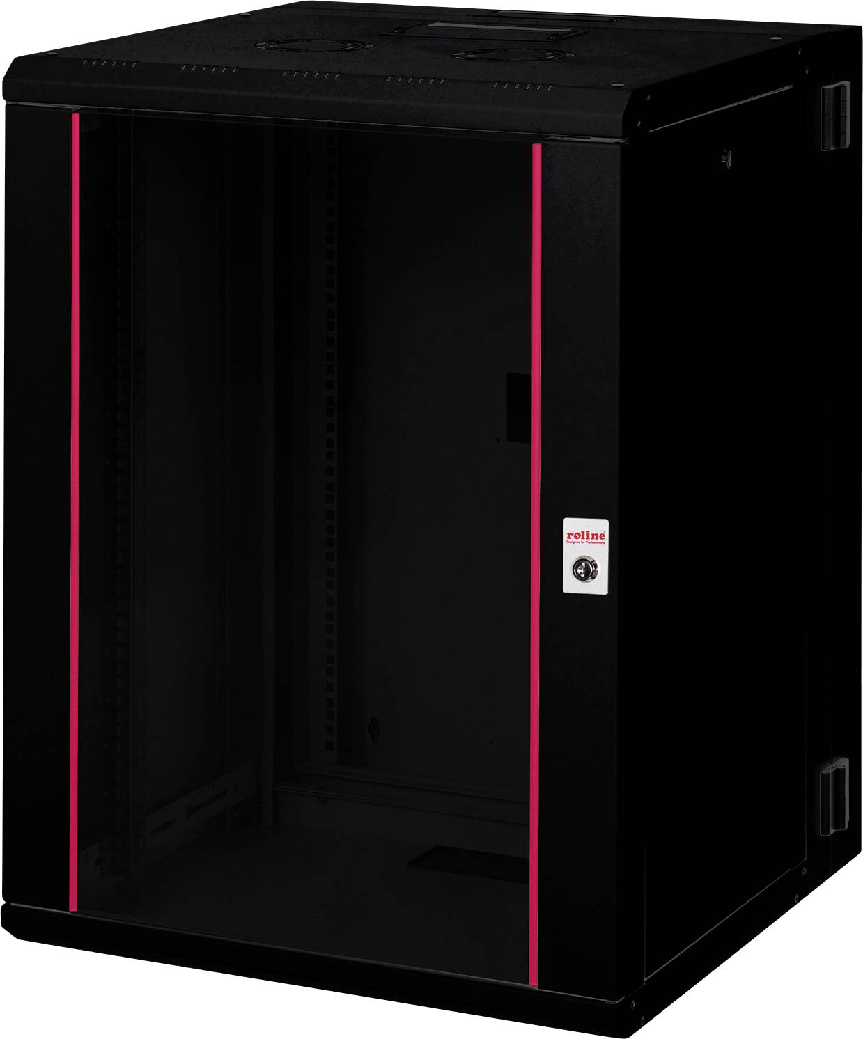 Sort-rød serverrack med glasdør, egnet til placering af teknisk udstyr i et serverrum eller datacenter.