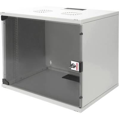 Metallisk vægmonteret kabinet med glasdør, ventilationsåbninger øverst og lås på døren. Egnet til netværksinstallationer.