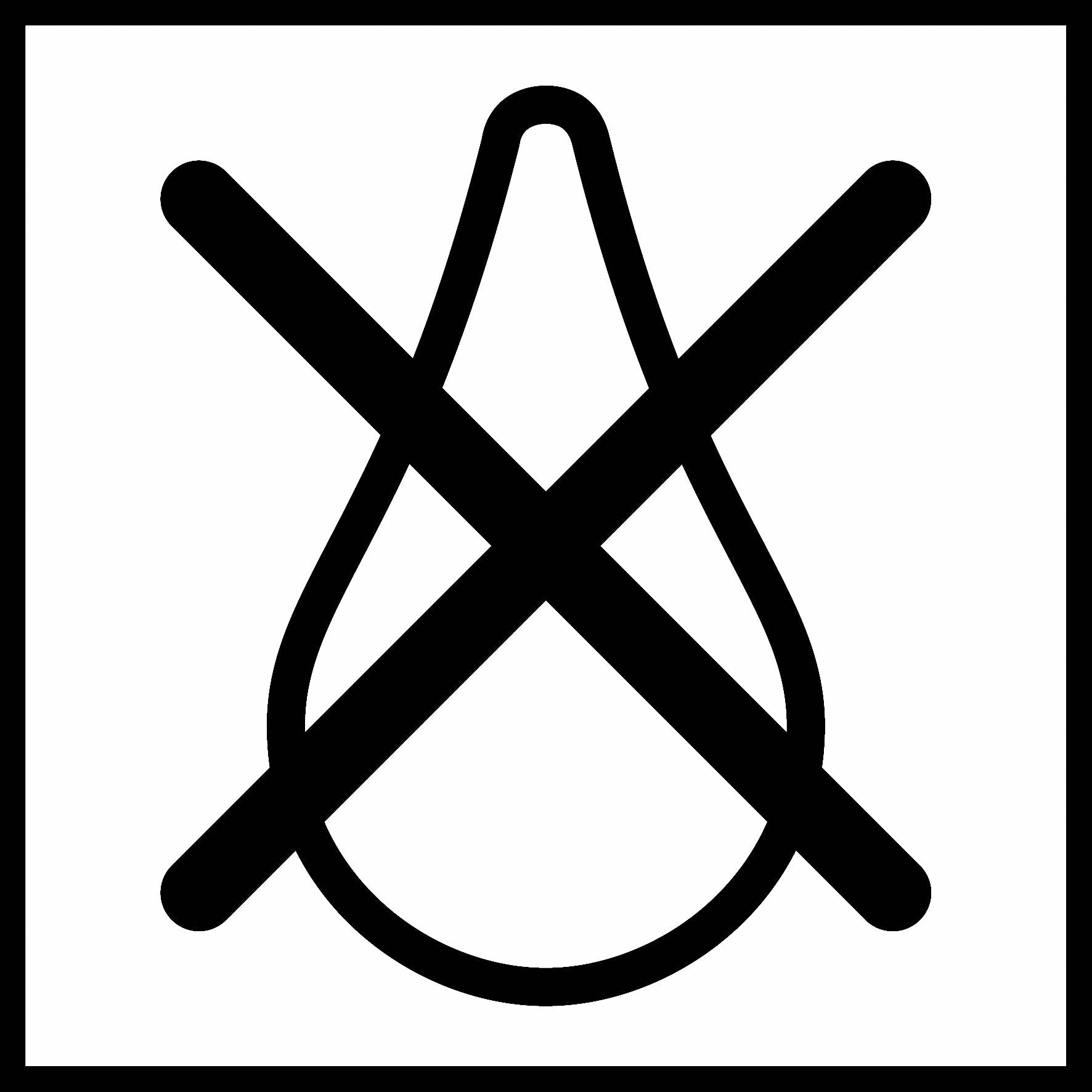 Symbol for en gennemstreget vandedråbe, der betyder tøjrens eller vandfri behandling.
