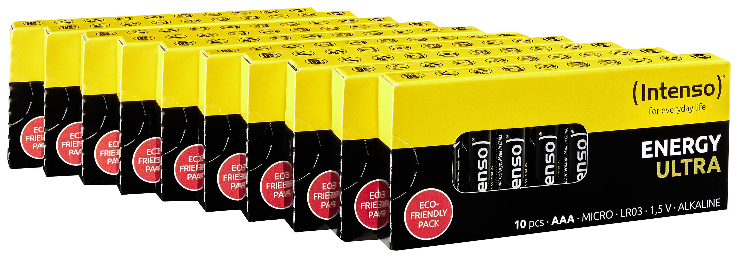 Emballage med ti stk. Intenso AAA-batterier, model 'Energy Ultra', 1,5V Alkaline, i en gul æske med sort tekst.