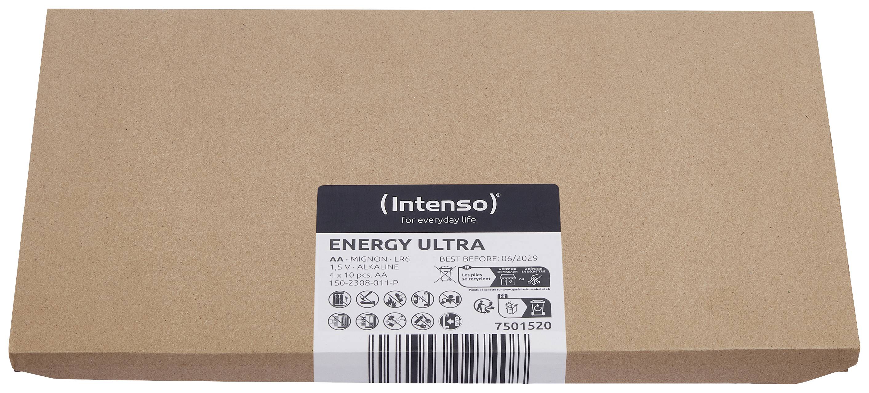Pakke med Intenso Energy Ultra AA-batterier, 10 stk., på brun pap, med påskriften 'Bedst før 06/2029' på etiketten.