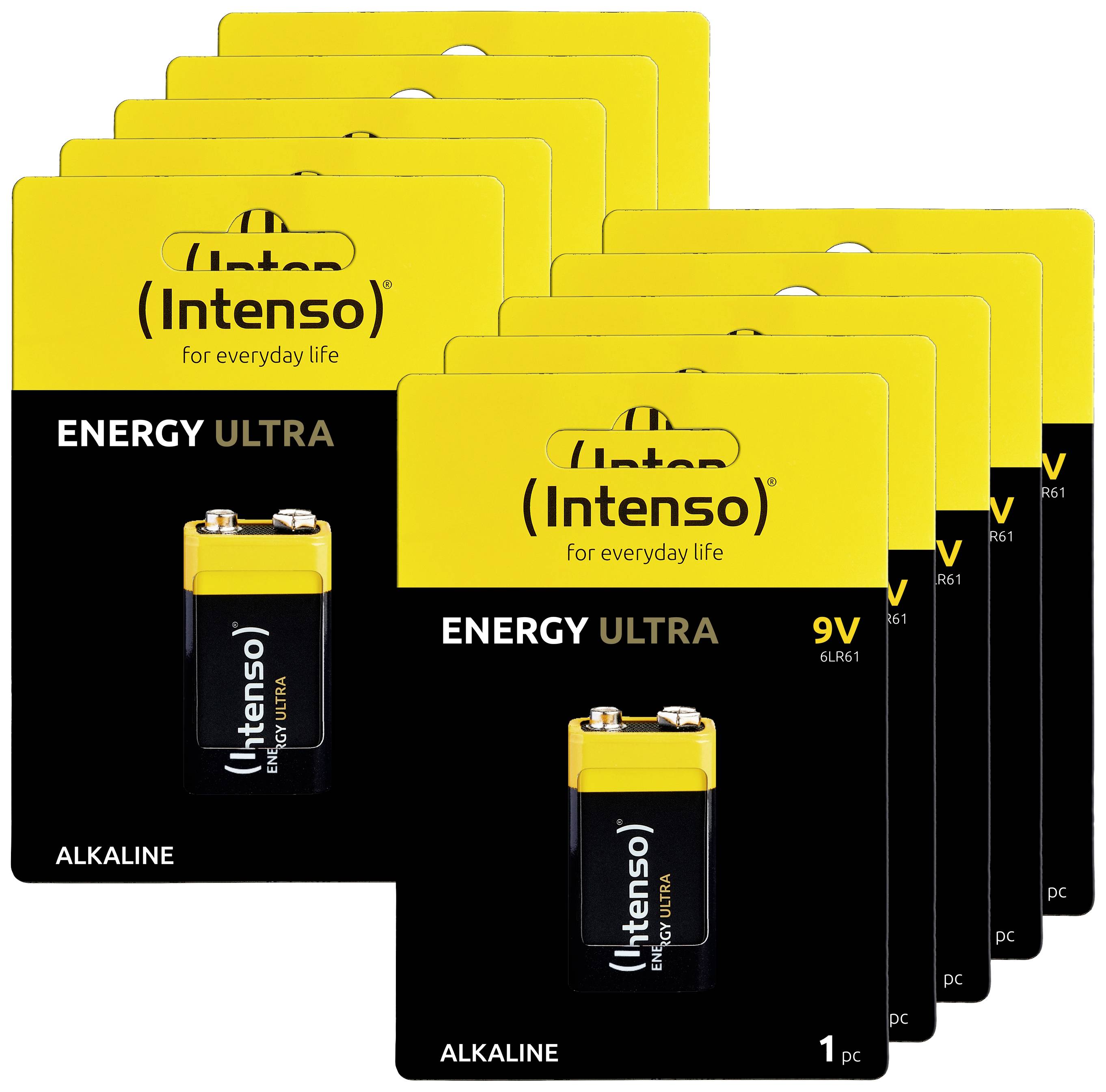 Ni gule pakker med Intenso Energy Ultra 9V alkaliske batterier, med ét batteri i hver pakke, stablet oven på hinanden.