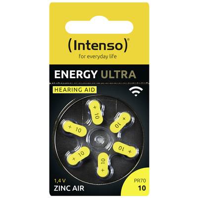 En emballage med seks gule høreapparatsbatterier fra mærket Intenso, model 'Energy Ultra', type 'PR70 10', 1,4V zink-luft.