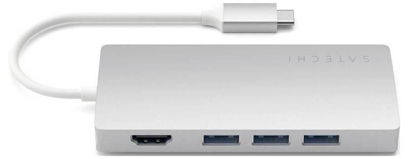 En sølvfarvet USB-C-hub med tre USB-3.0-porte og en HDMI-tilslutning, egnet til at forbinde flere enheder til en computer.
