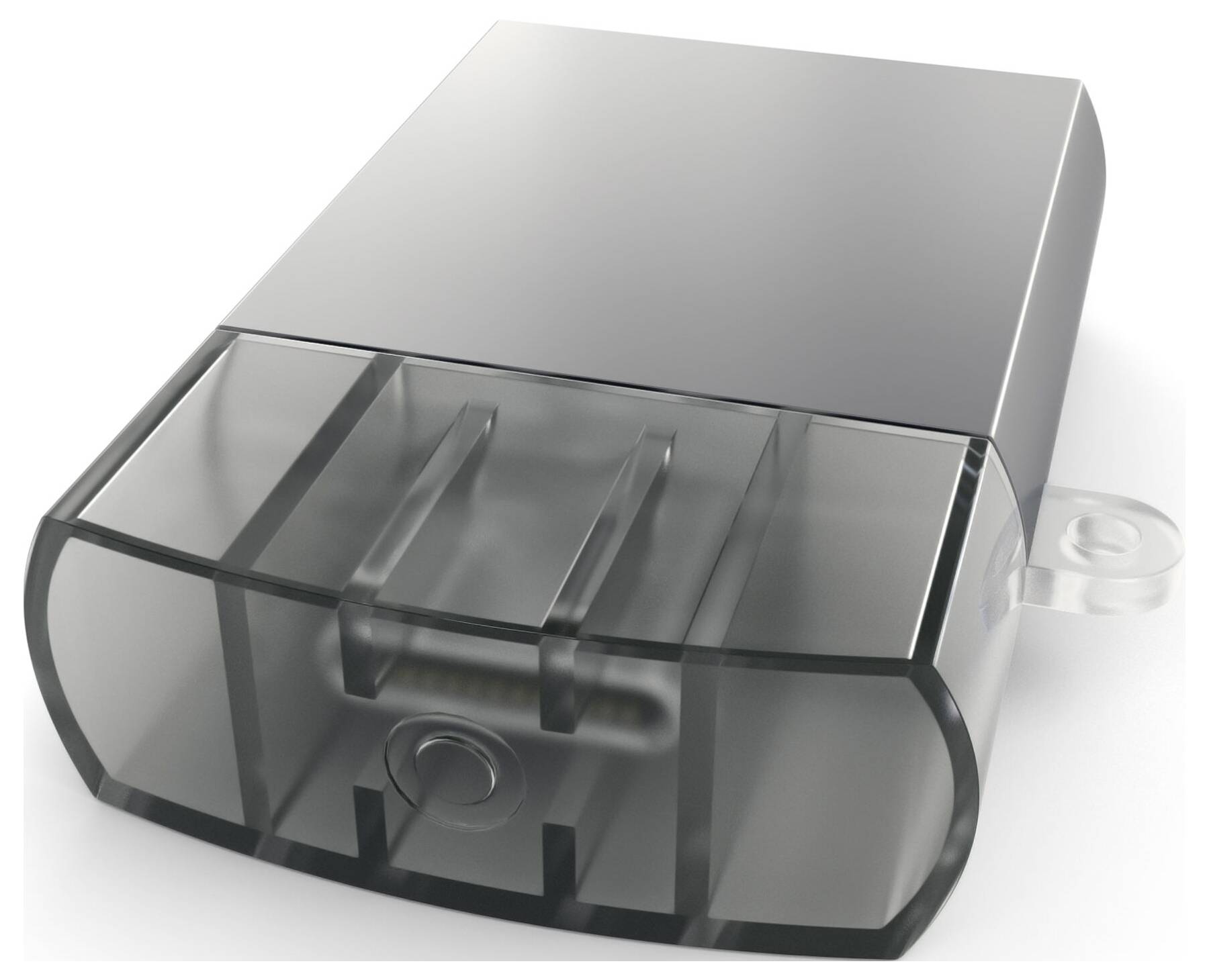 En grå USB-stick med en aftagelig transparent hætte, der viser en metallisk forbindelsesstruktur underneden.