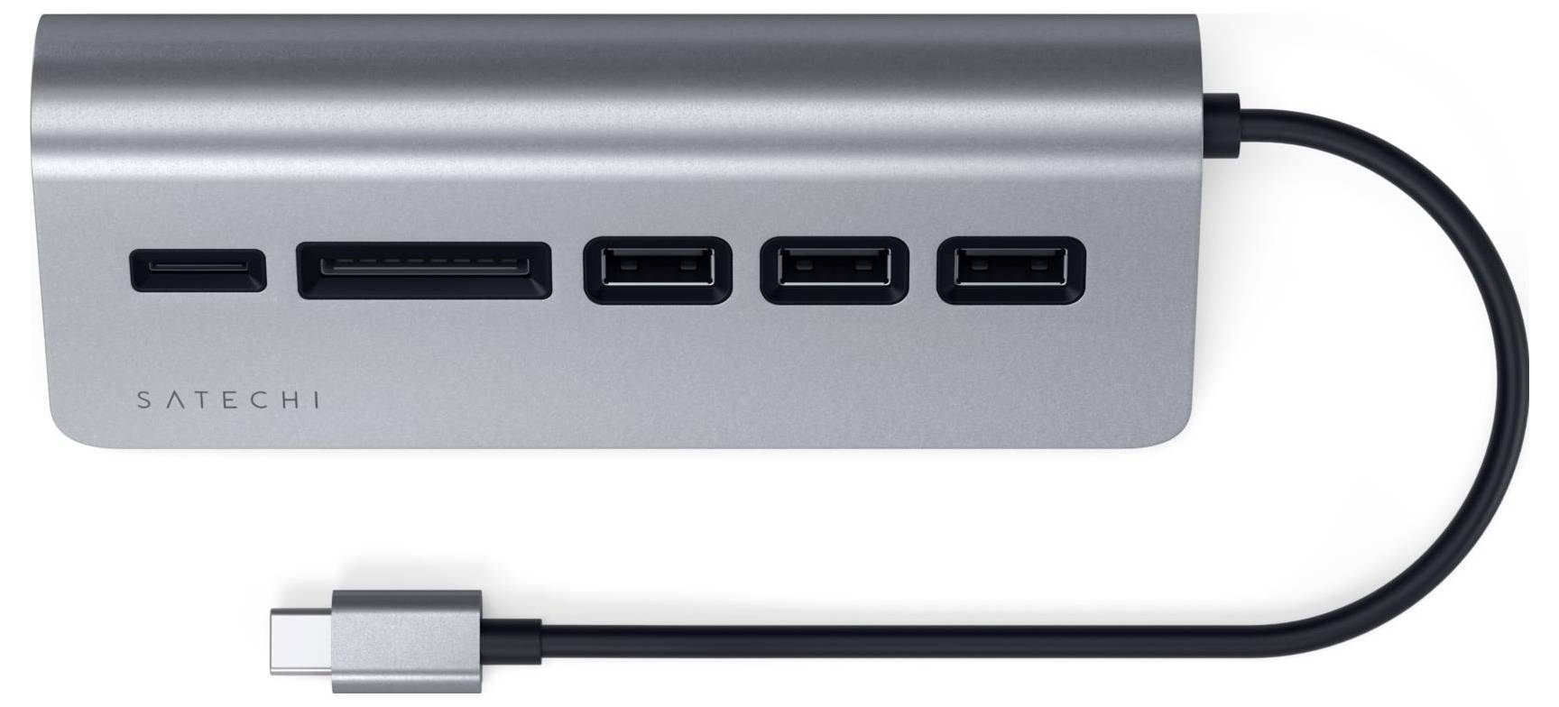 USB-C-hub med flere tilslutninger: tre USB-A-porte, en kortlæser og HDMI. Bruges til at forbinde forskellige enheder med en computer.
