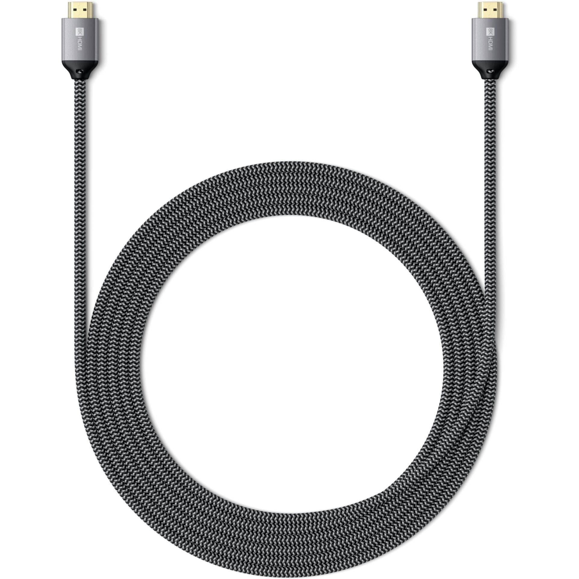 Et flettet HDMI-kabel, holdbart og fleksibelt, velegnet til lyd- og videoforbindelser mellem enheder.