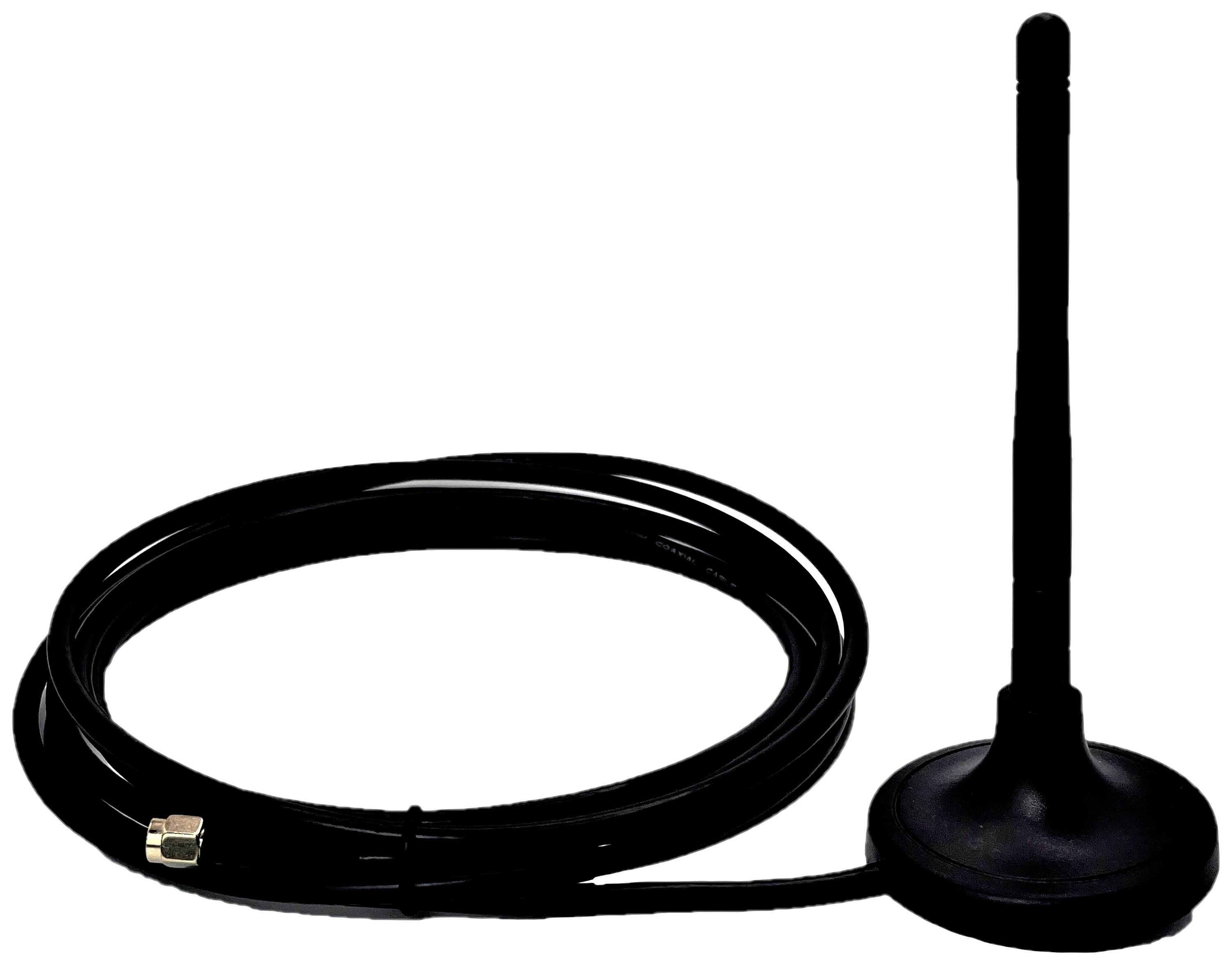 Sort stangantenne med magnetisk fod og langt kabel, egnet til trådløs modtagelse.