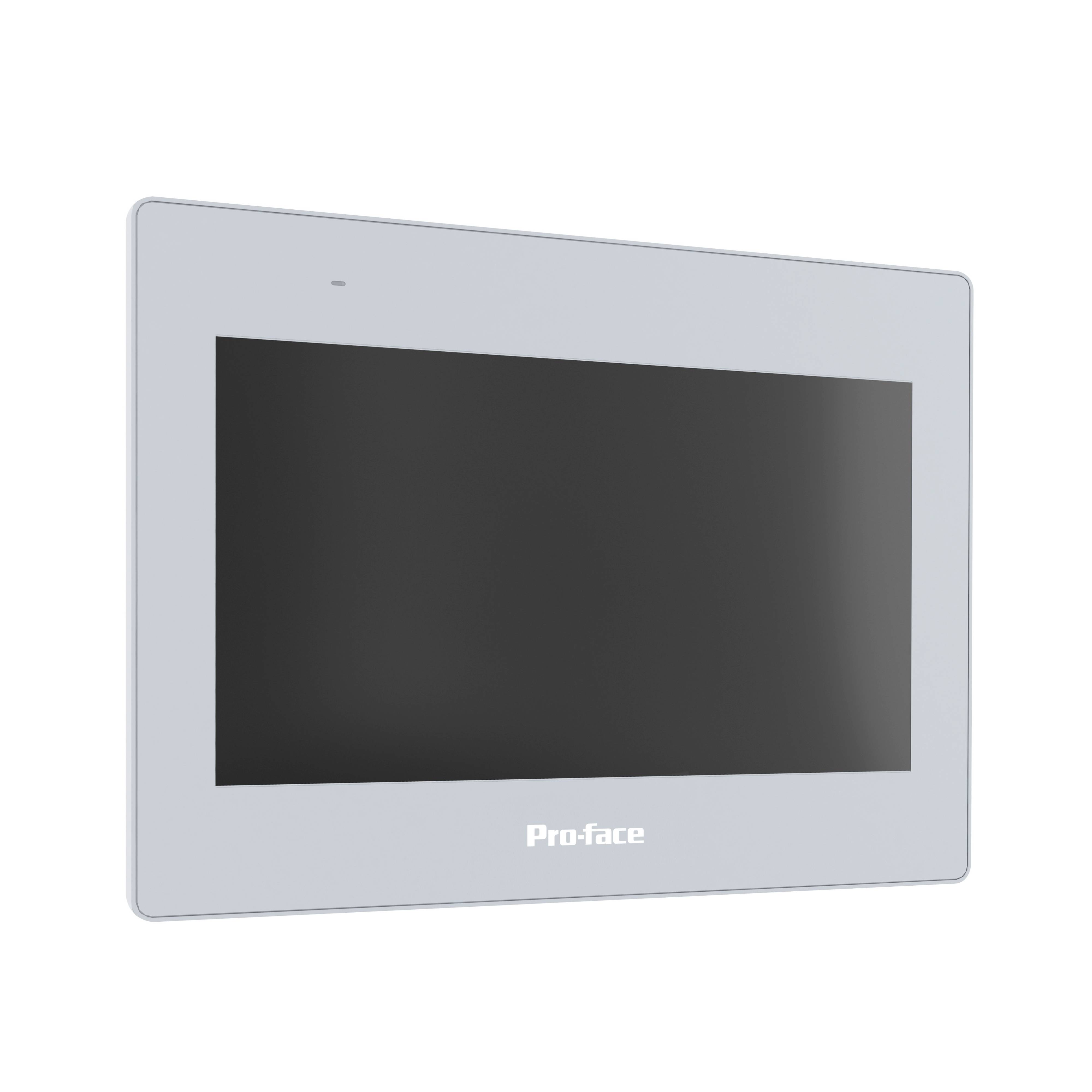 En rektangulær, sølvfarvet touchscreen-monitor med påskriften 'Pro-face' på den nedre ramme.