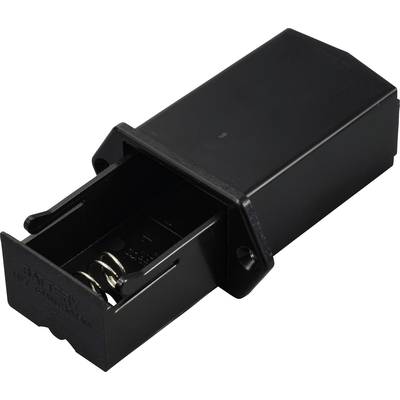 Sort batteriholder i plast med åbent rum til AA-batterier, viser indvendige fjedre og kontakter.