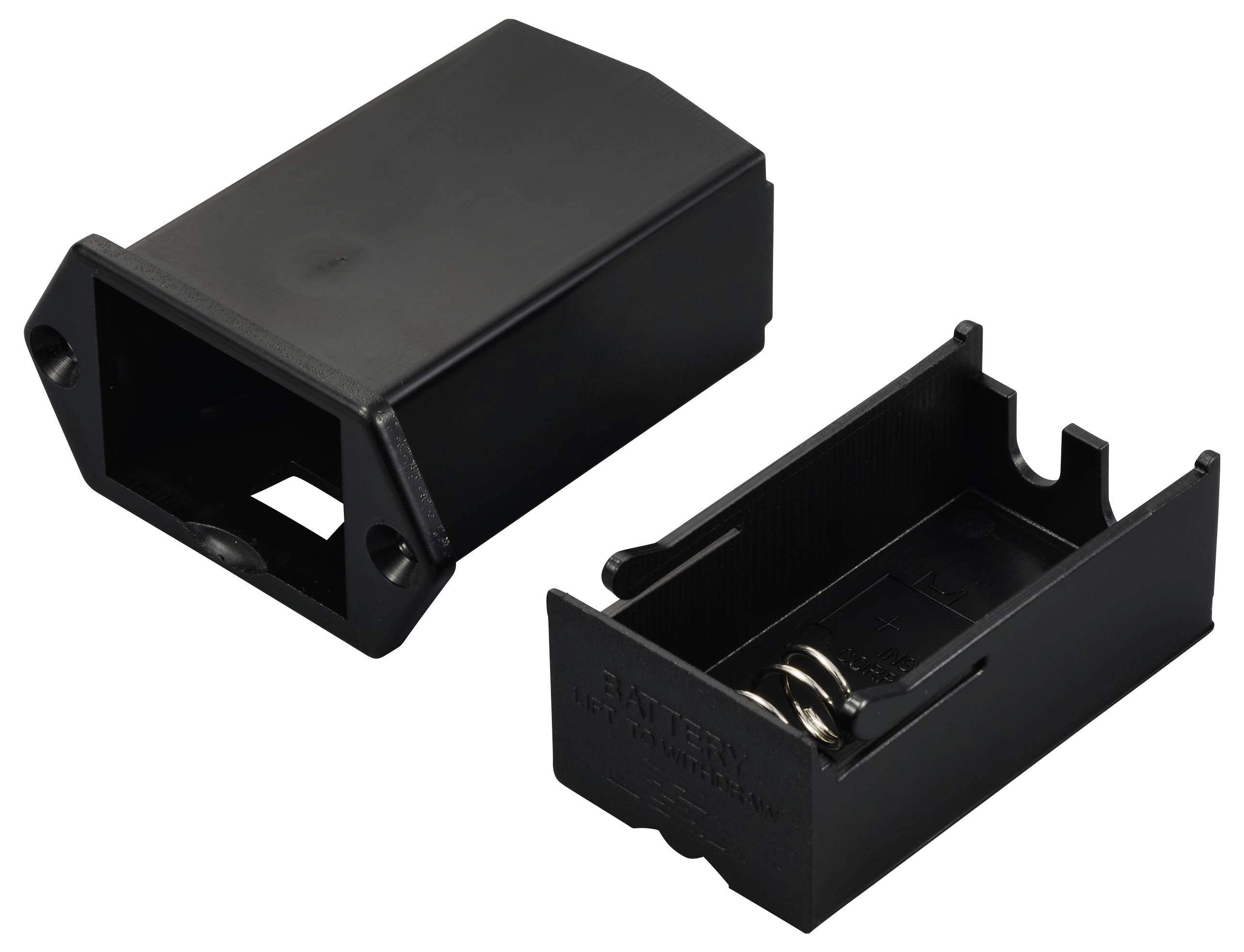 'Sort plastik batteriholder, adskilt øvre og nedre del, til to AA-batterier, med fjedre og tilslutningsklemmer.'