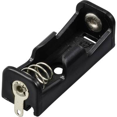 En sort batteriholder af plast til et AA-batteri, med fjedermekanism og metalforbindelse i den ene ende.