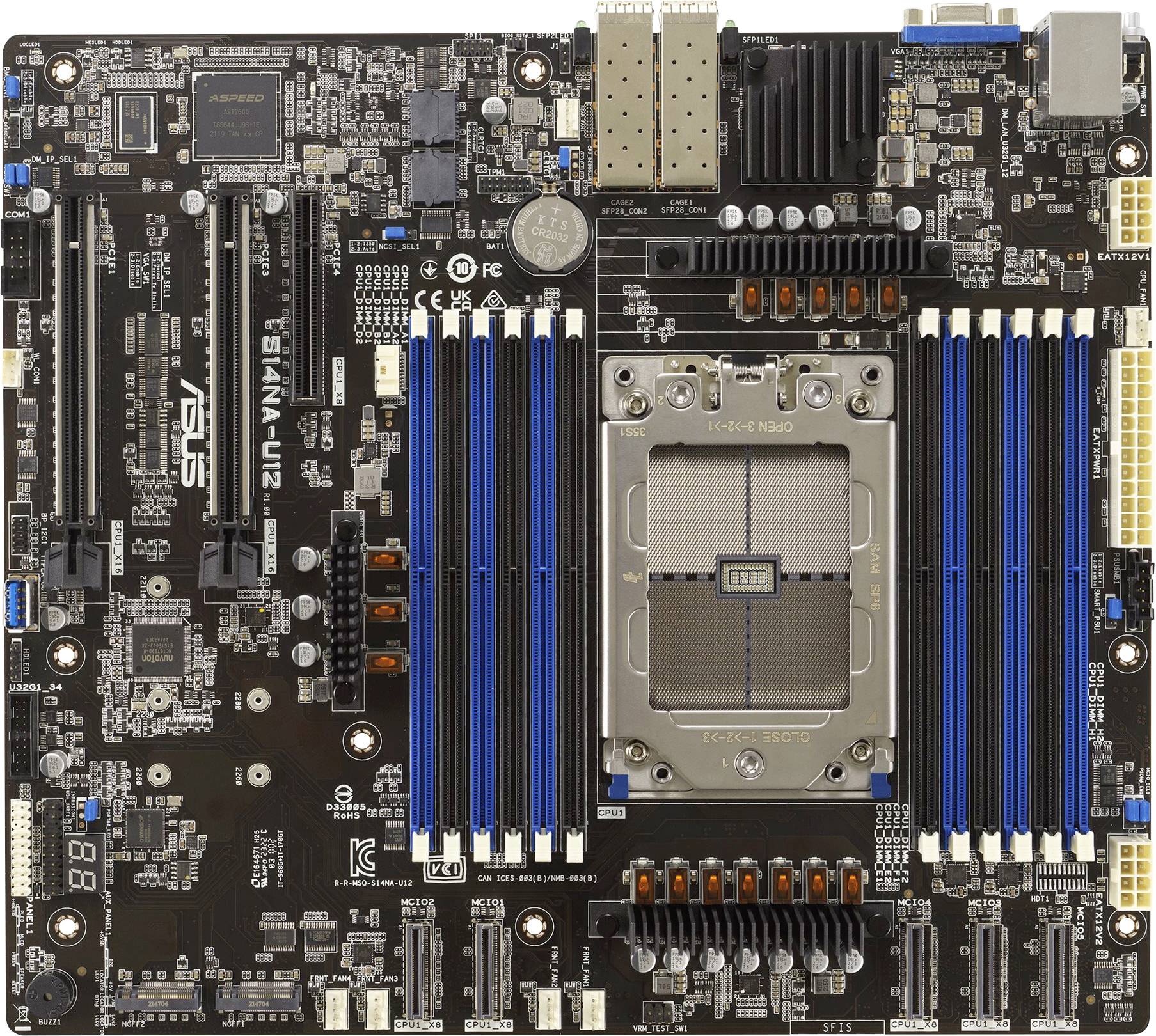 Computer-bundkort med flere stik og tilslutninger, egnet til processor, RAM og udvidelseskort.
