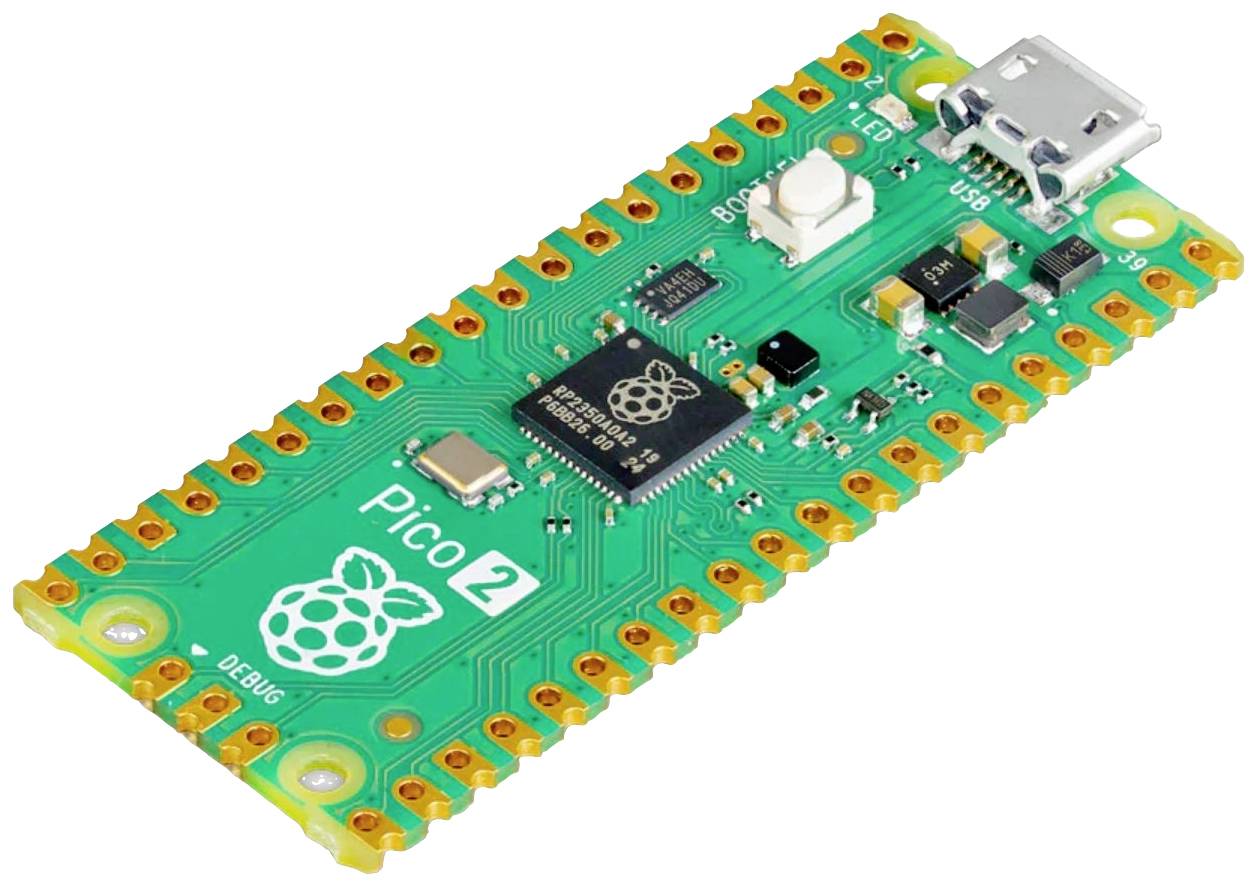 Grøn mikrocontroller-printplade med 'RP2040'-chip, USB-stik og flere gule loddemærker. Logo med en hindbær og teksten 'Pico' synlig.