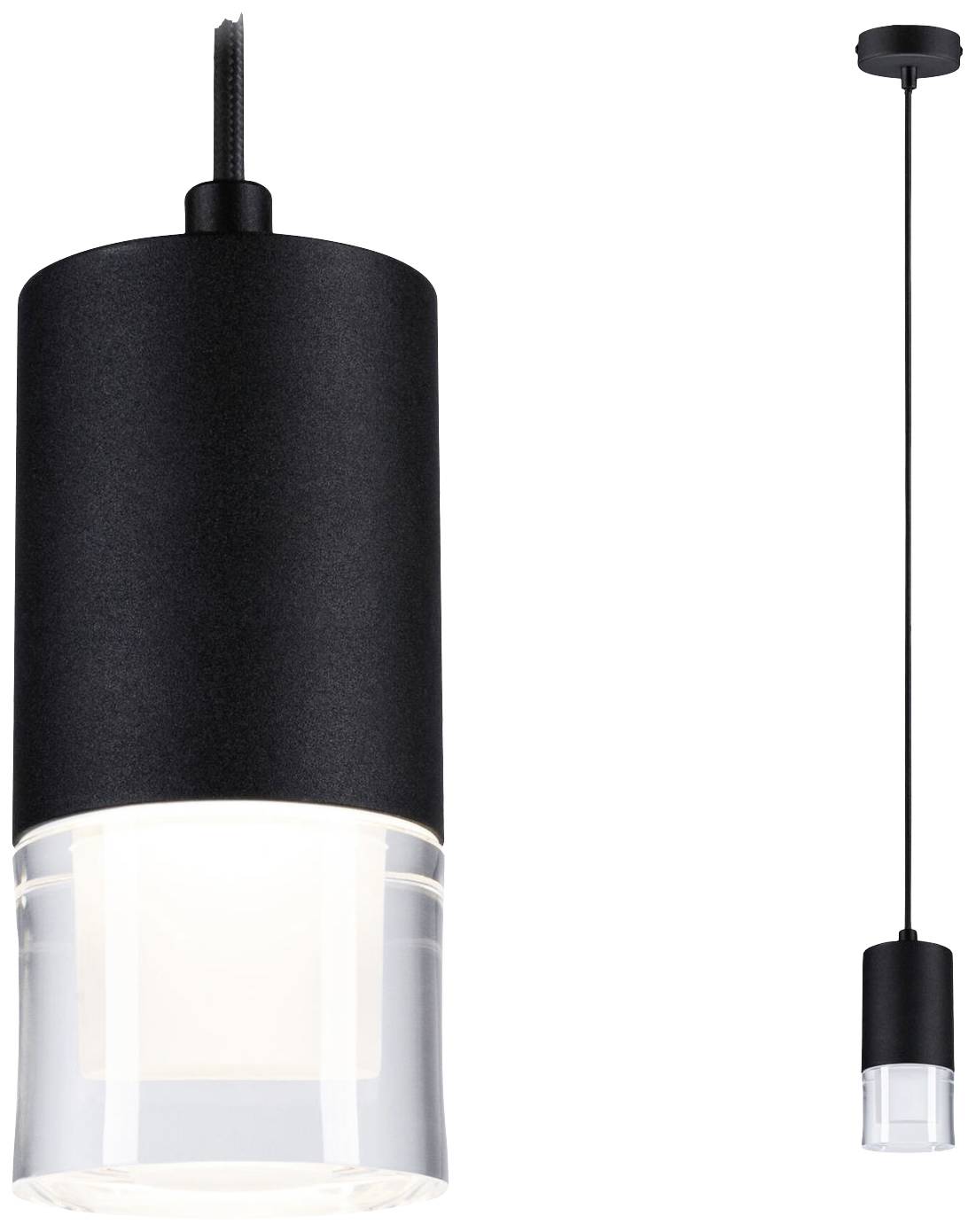 Sort pendel med klar glasskærm, som lyser kraftigt. Moderne design, perfekt til stue eller arbejdsområder.