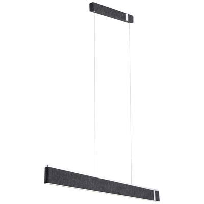 Pendel med slankt, rektangulært design i sort og sølv, ophængt i to tynde kabler; moderne og minimalistisk udtryk.