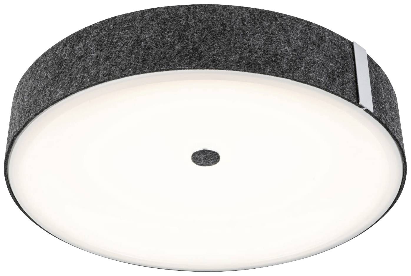 En rund loftslampe med et hvidt, lysende centrum og en mørk, struktureret kant. Den giver diffust lys.