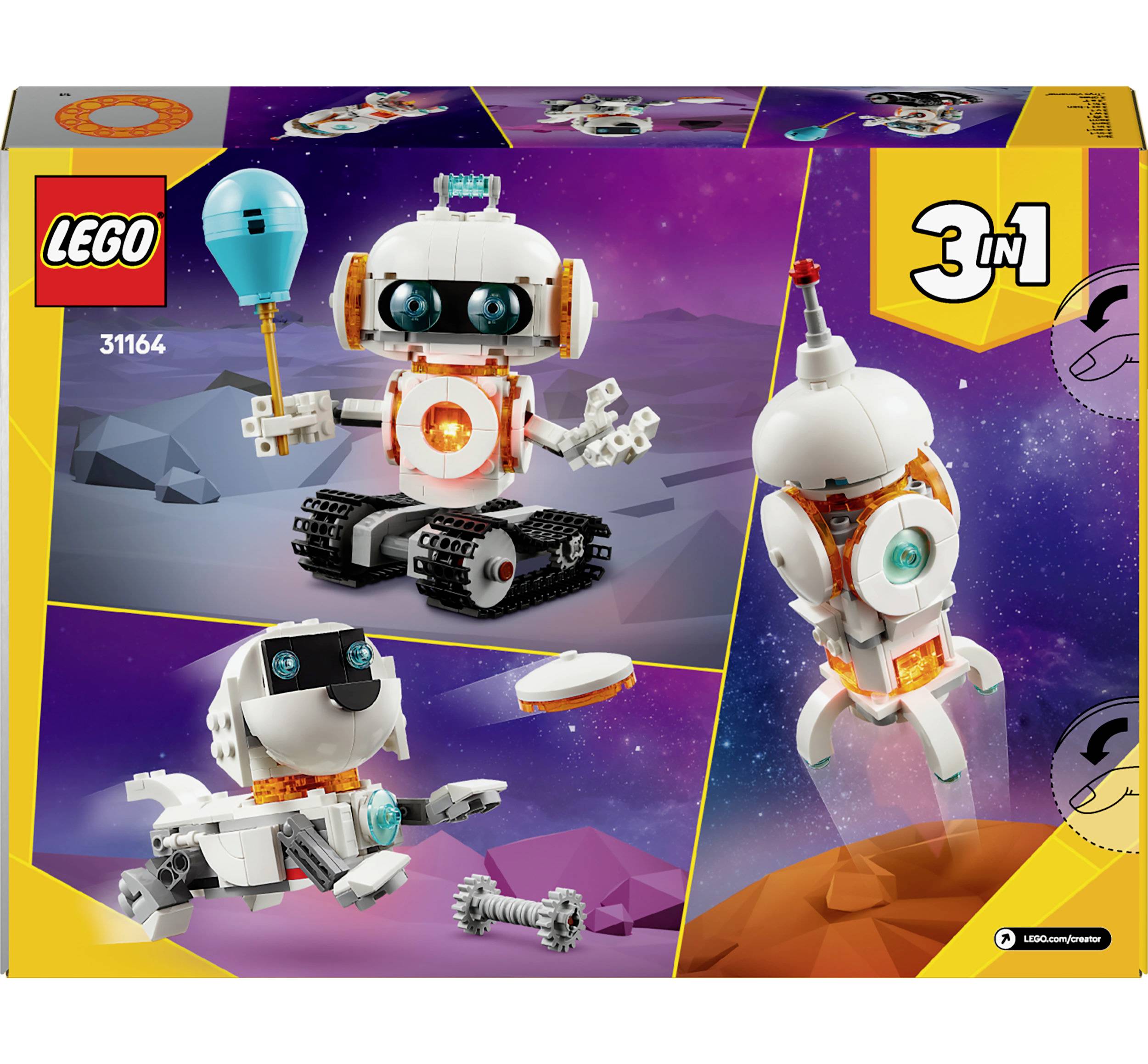 Lego 3-i-1-sæt med rumtema: Hovedmotivet er en robot med en luftballon, ved siden af et rumskib og en firhjulet rover.
