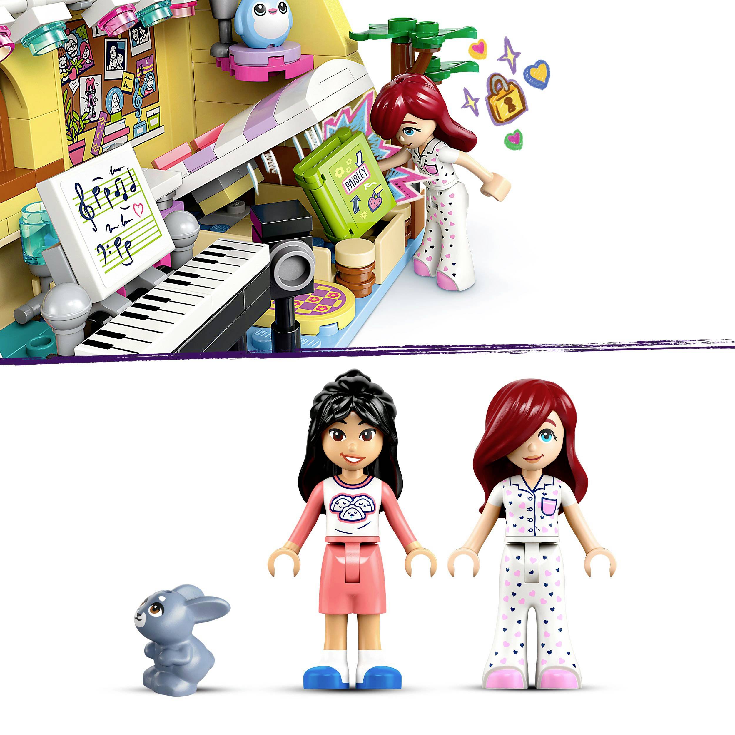LEGO-sæt med musikværelse. En figur i pyjamas, en hare og en pige. Farverigt værelse med instrumenter og dekorationer.