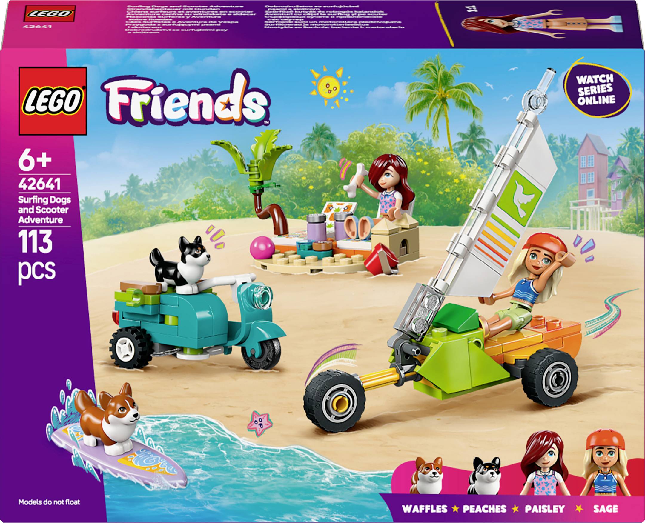 LEGO Friends sæt til børn fra 6 år, 113 dele. Scene: Strand, hund med scooter, pige på farverig trehjulet cykel med sejl.