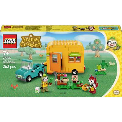 LEGO Animal Crossing Sæt 'Leifs Campingvogn & Havebod' med 263 dele. Inkluderer figurer, campingvogn og haveredskaber.