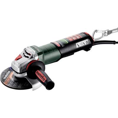 Metabo elektrisk vinkelsleber med slibeskive og sidehåndtag på hvid baggrund.