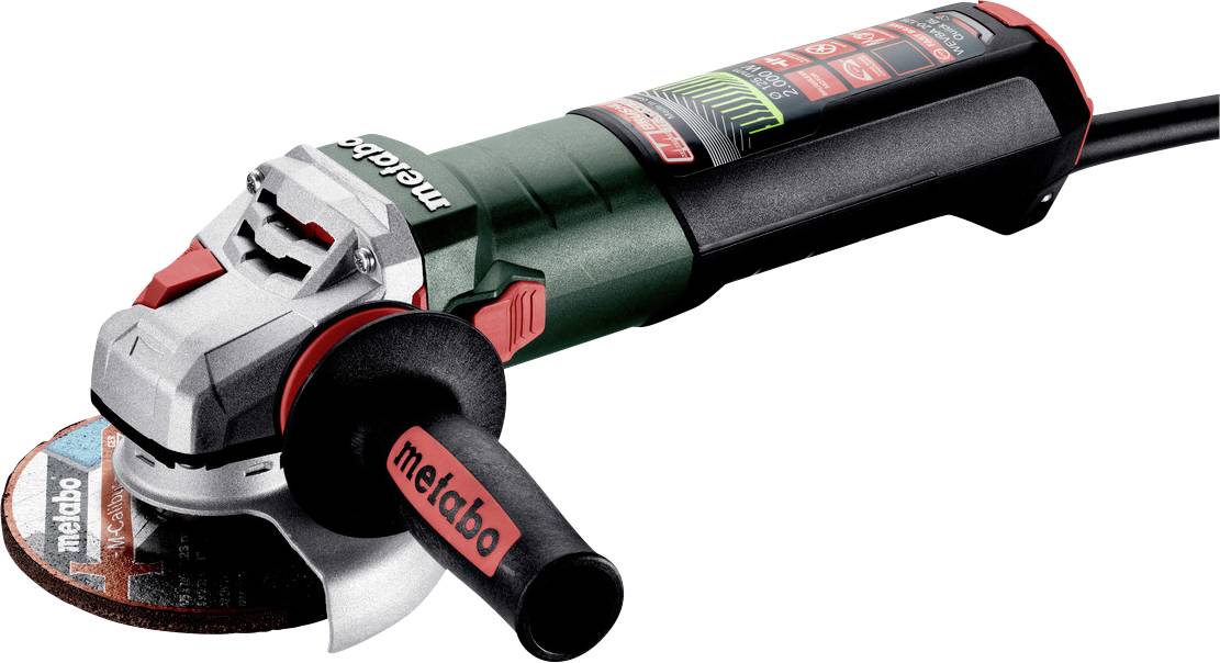 Metabo vinkelsliber med kabel, sidehåndtag og skæreskive, vist på hvid baggrund.