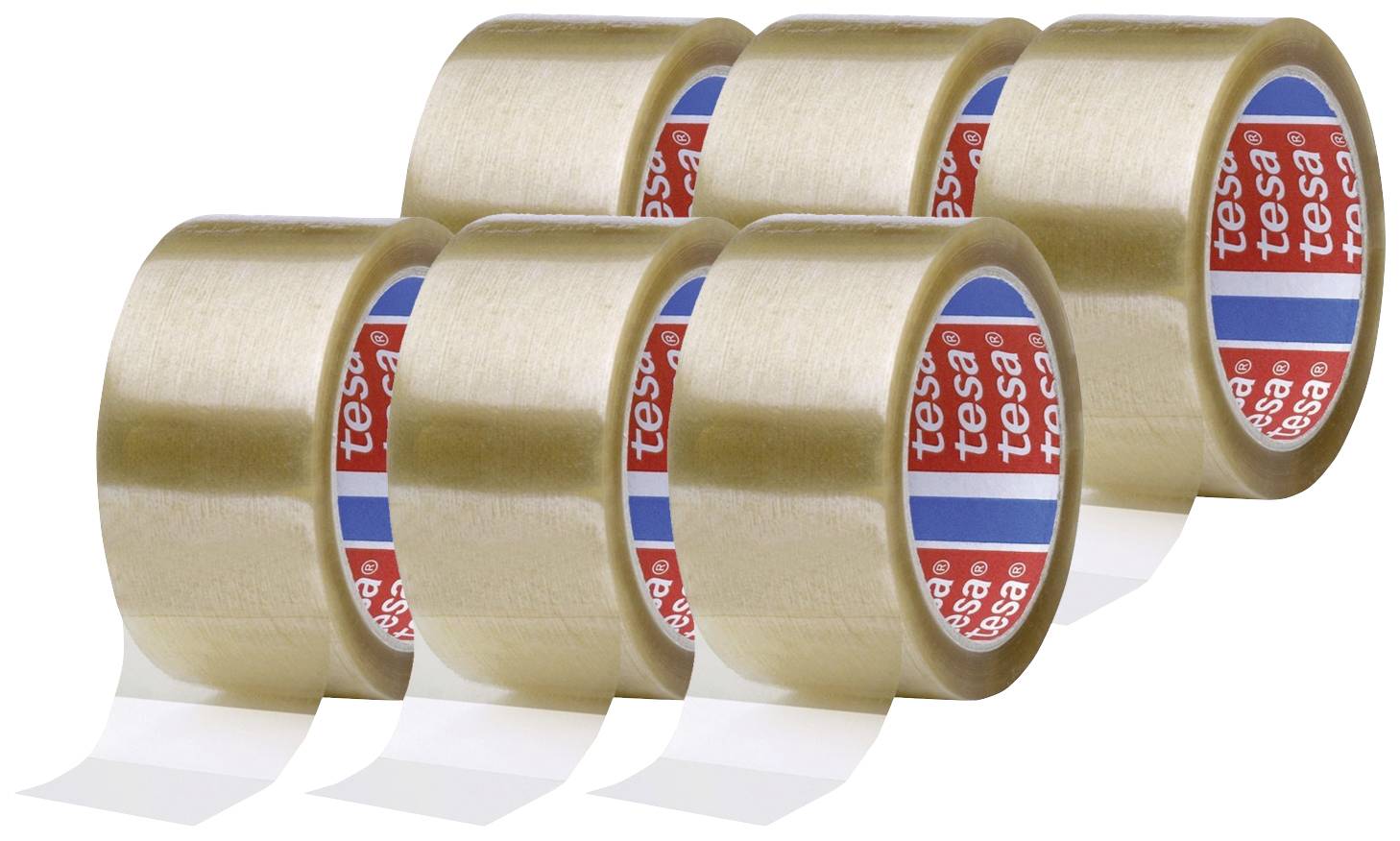 Seks gennemsigtige rulleadhæsiver med rødt 'tesa'-logo på en hvid overflade.