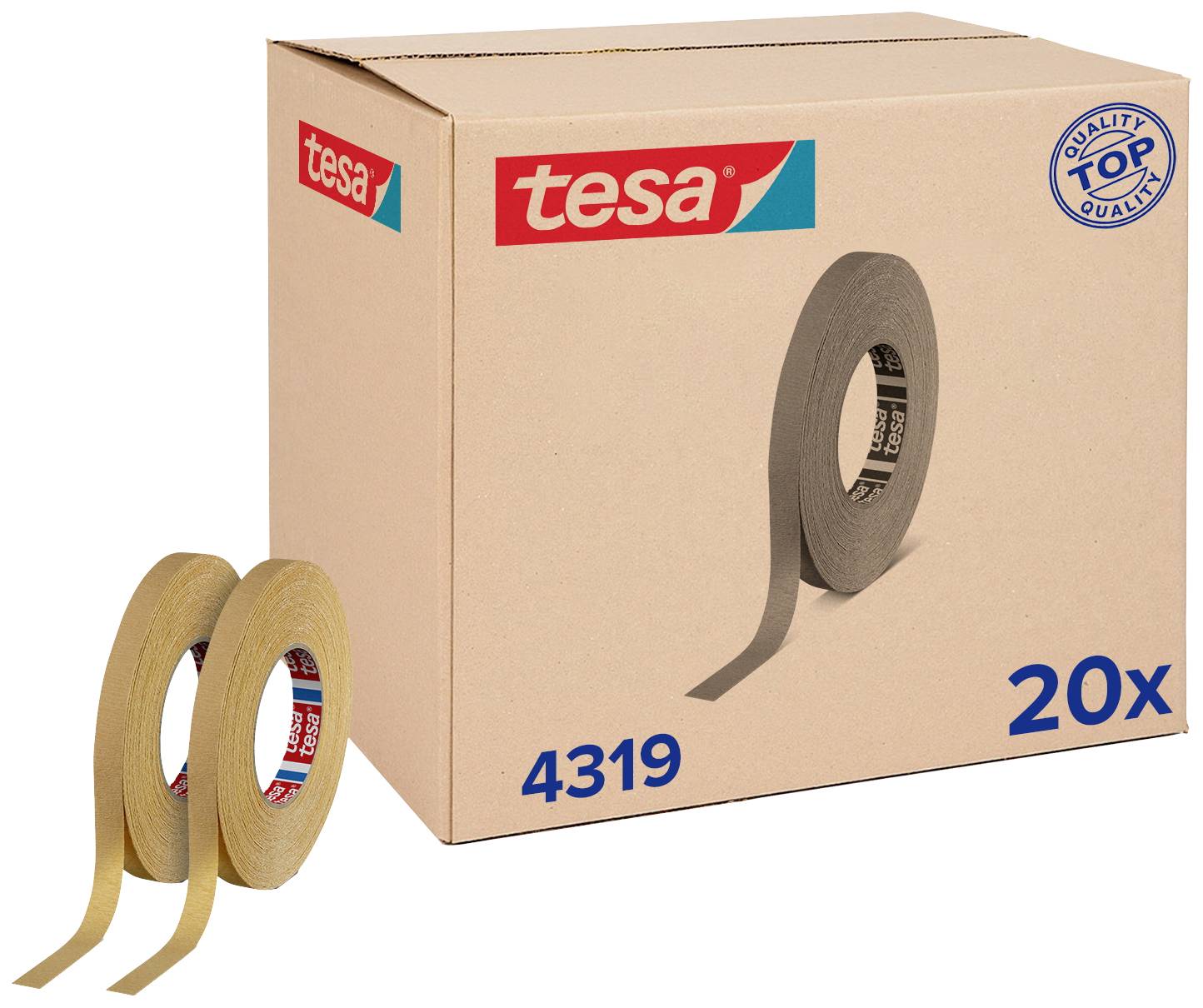 To rammer Tesa-tape foran en papkasse, der indeholder 20 ruller.
