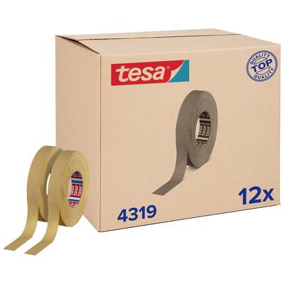 En stor, beige karton med det røde 'tesa'-logo. To ruller tape ligger ved siden af. På kartonen står der '4519' og '12x'.