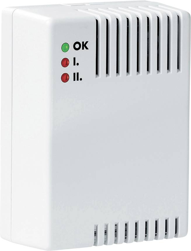 En rektangulær, hvid enhed med ventilationsåbninger. På forsiden er der tre lamper: grøn 'OK' og to røde 'I.' og 'II.'.