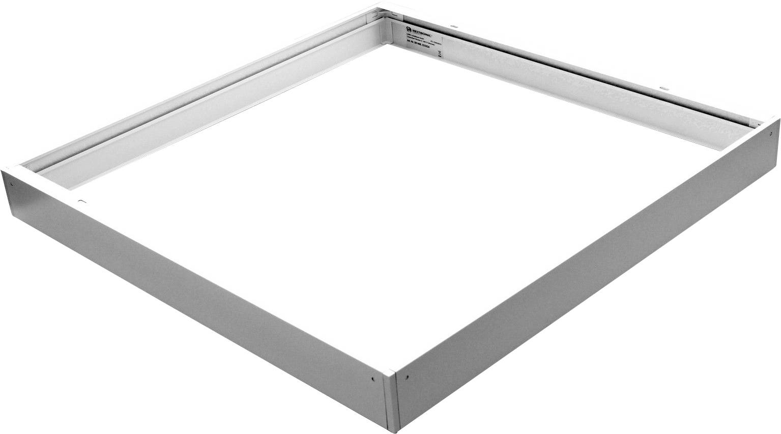 En firkantet hvid metalramme, muligvis til indbygning eller fastgørelse af en plade eller en enhed.