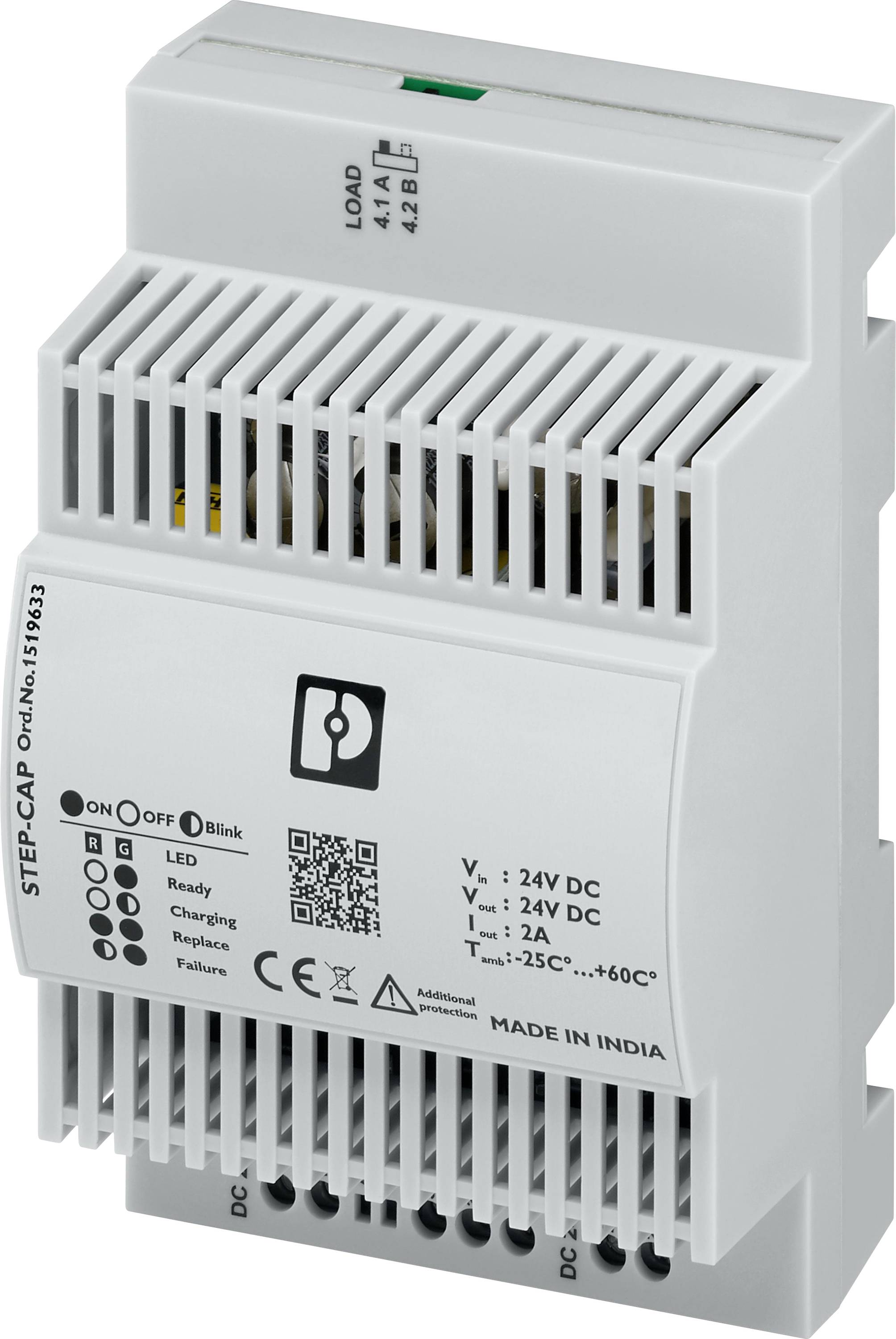 Hvidt strømforsyningsmodul i rektangulær form med front- og sidetekst. Viser markeringer for spænding og strømstyrke.