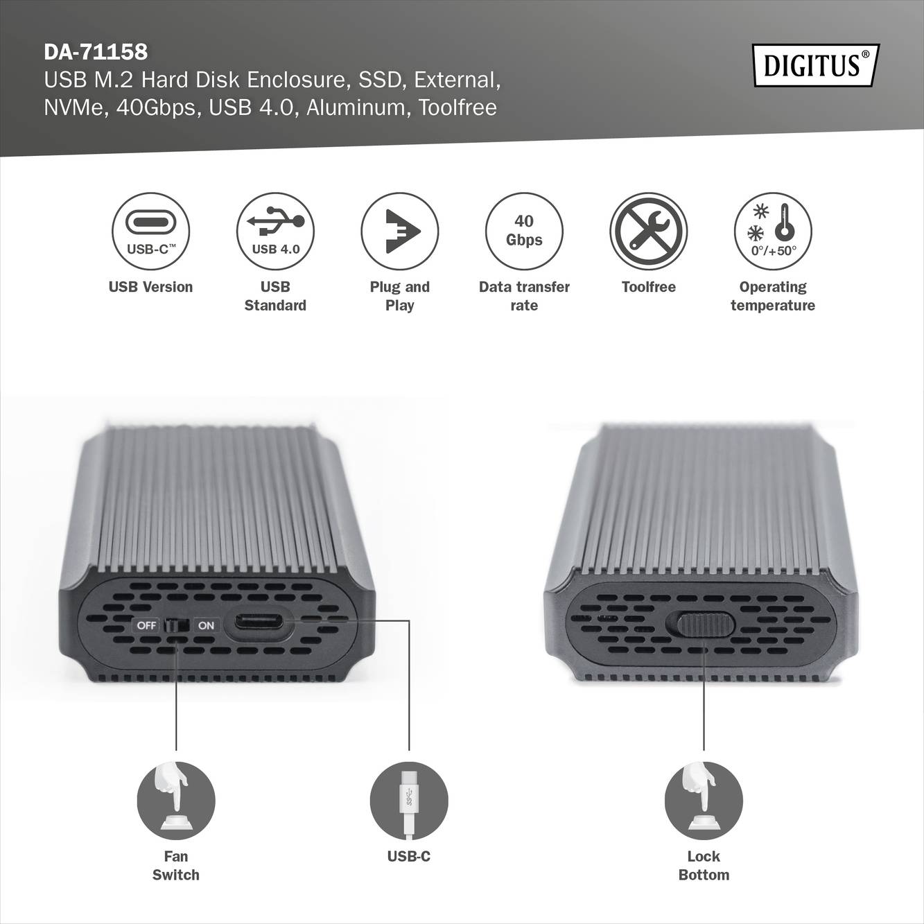 'DA-71158 USB M.2 harddiskboks: Understøtter SSD, ekstern, NVMe, 40Gbps, aluminium, værktøjsfri. Kontakt, USB-C og låsetast vist.'