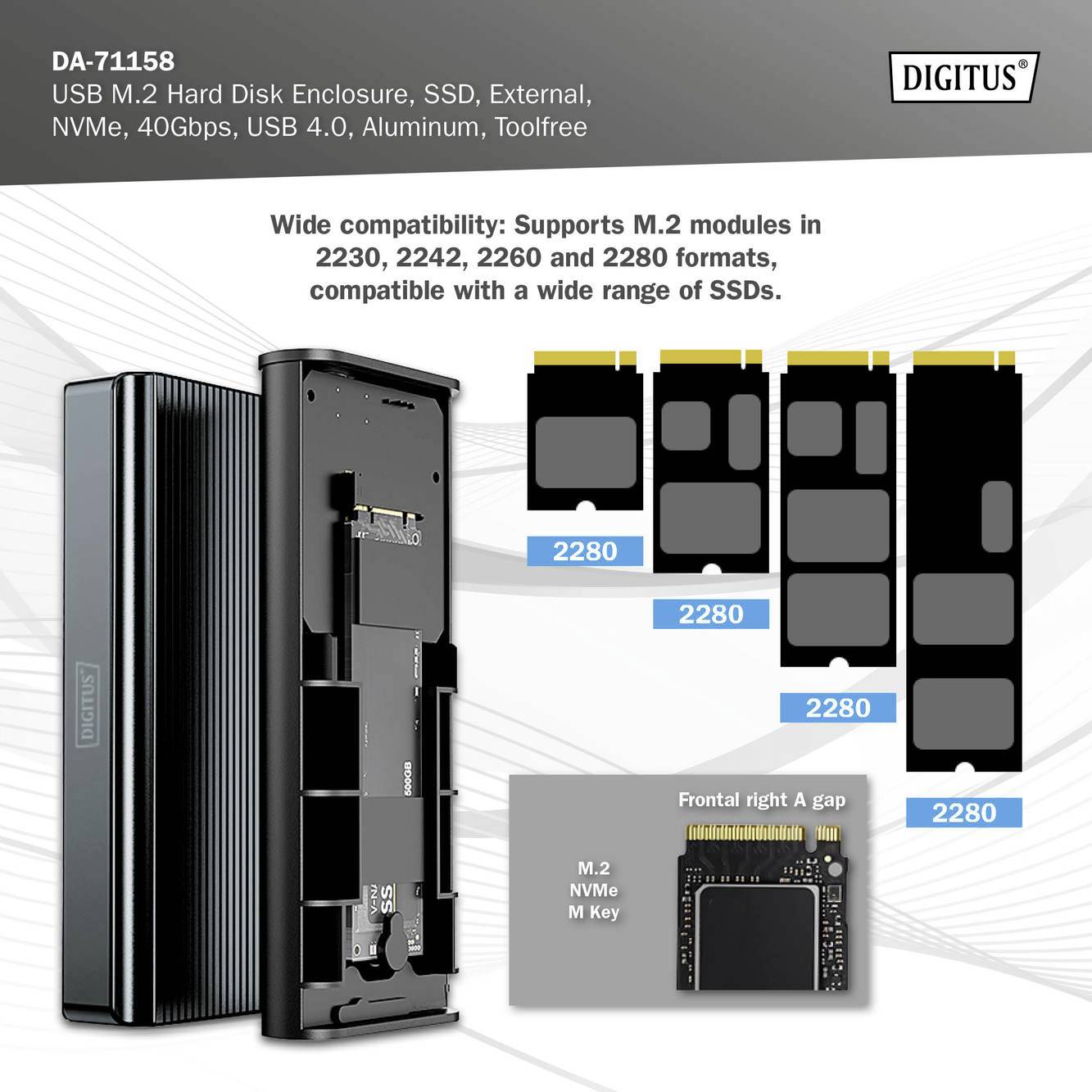 Eksternt harddiskdrev til M.2 SSD'er, kompatibelt med 2230, 2242, 2260, 2280 moduler. Værktøjsfri montering, aluminiumkabinet.