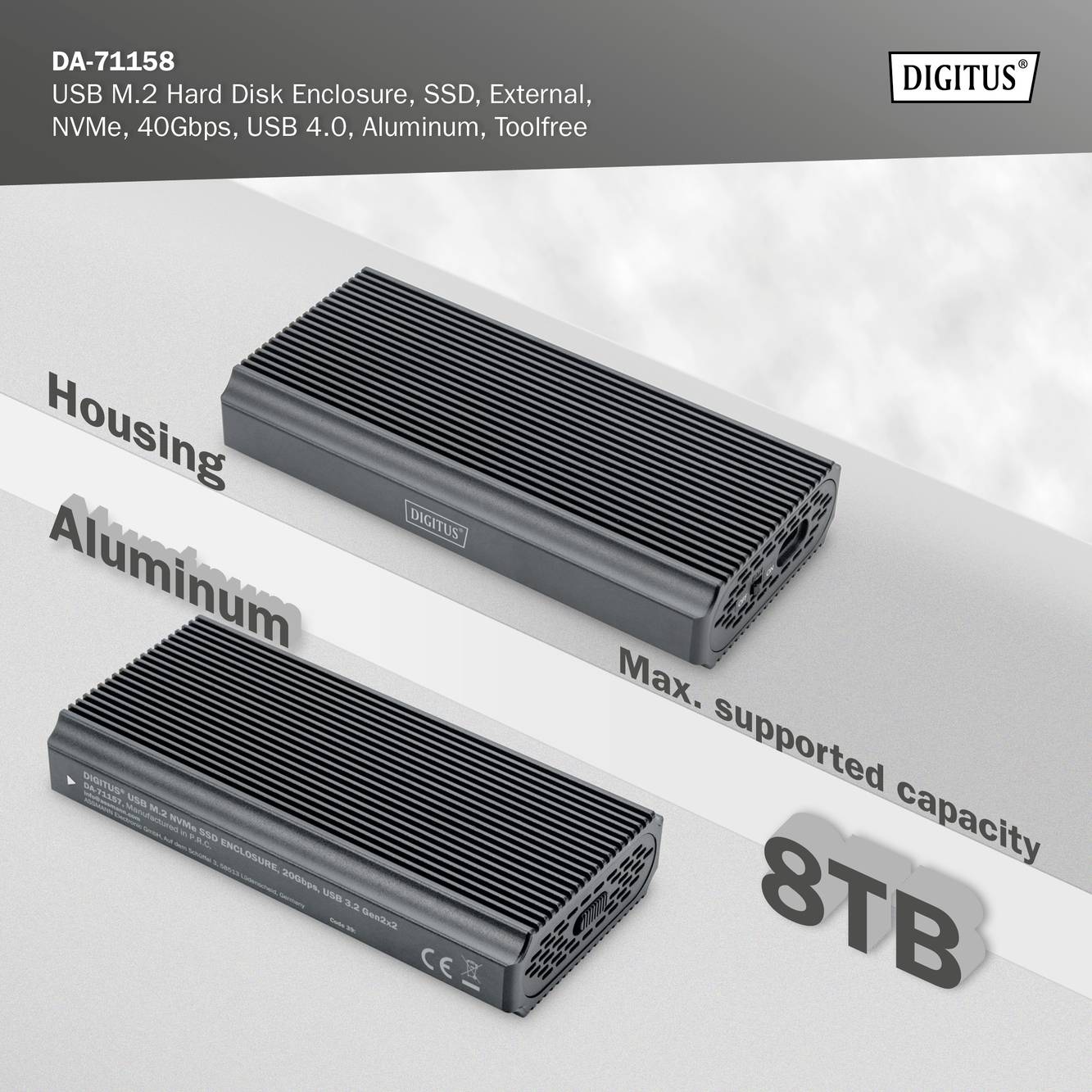 Eksternt SSD-kabinet med USB M.2, aluminium, uden brug af værktøj, maksimal understøttet kapacitet på 8TB. Mærket 'Digitus'.