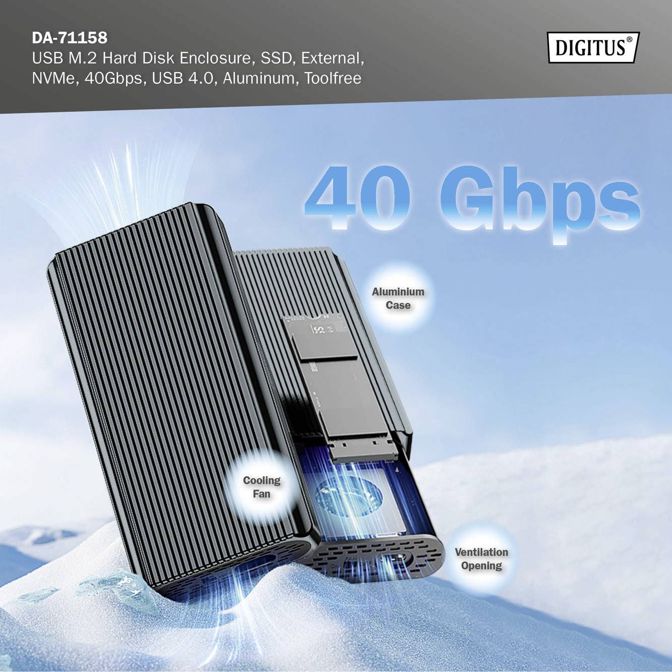Eksternt USB M.2 SSD-kabinet med 40 Gbps overførselshastighed. Kabinet i aluminium med køleventilator og ventilationsåbning.
