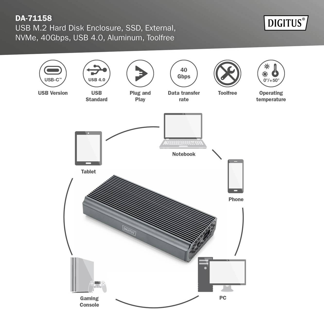 'DA-71158' USB M.2 kabinet til SSD, ekstern, NVMe, 40 Gbps, USB 4.0, aluminium, værktøjsløs. Kompatibel med notebook, telefon, PC, tablet, konsol.