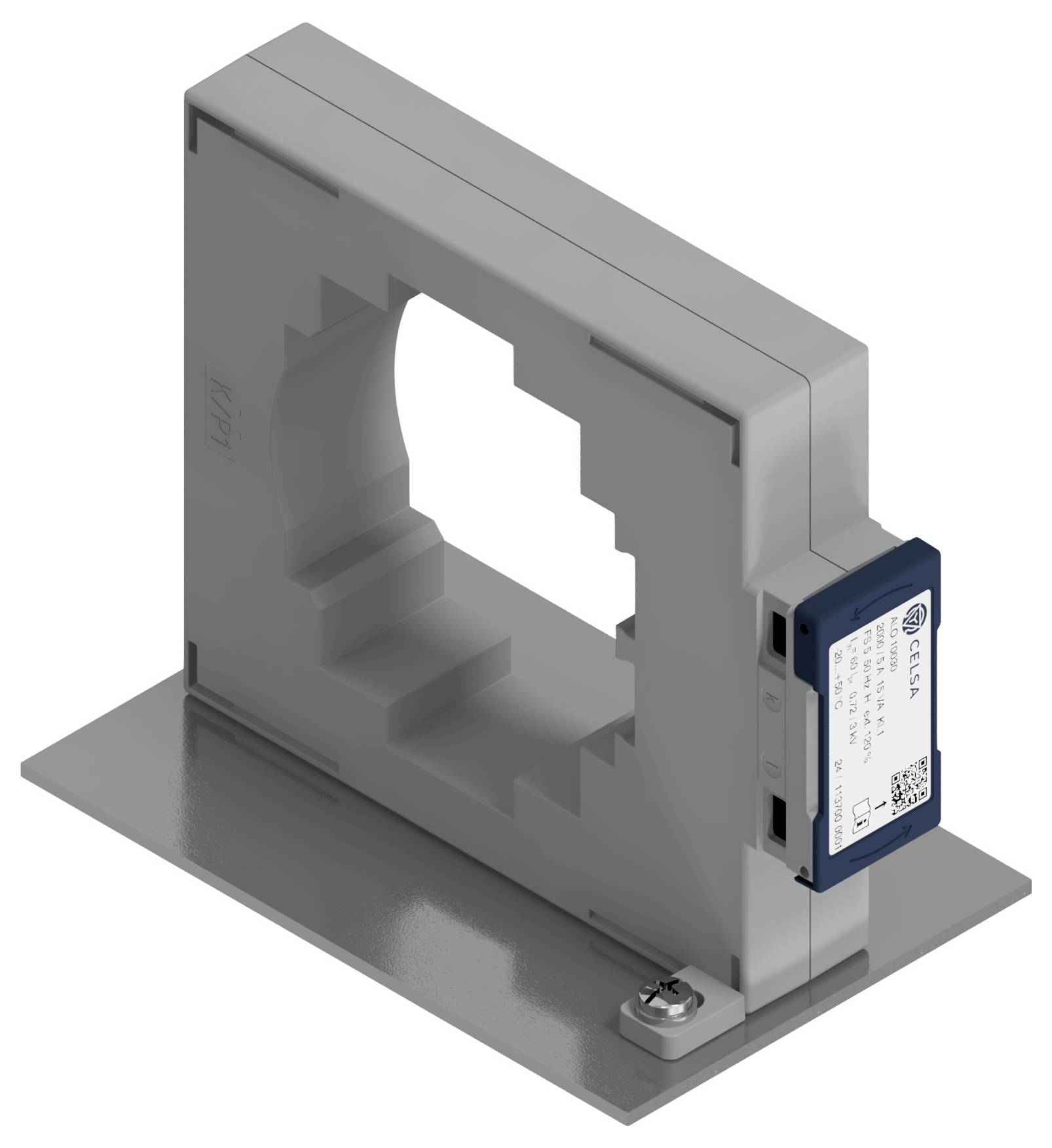Stor, grå elektrisk strømtransformer med rektangulær åbning i midten. Fastgjort på en metalbase.