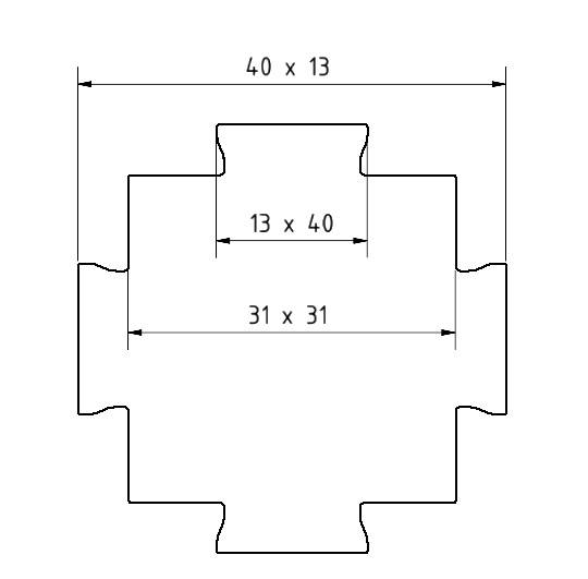 Teknisk tegning af et krydsdannet komponent med mål: Samlet længde 40x13, indvendig udskæring 13x40, midterste sektion 31x31.